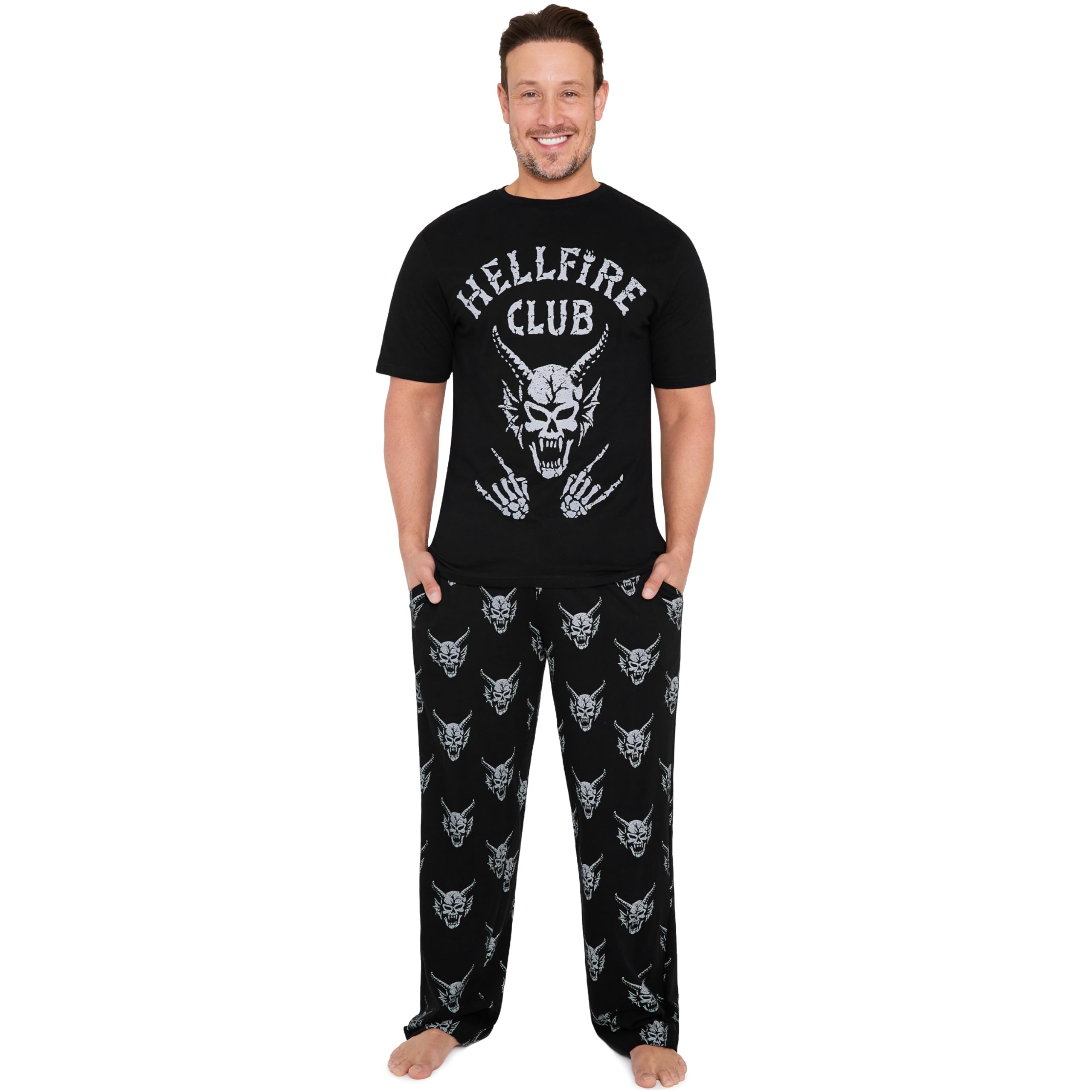 Stranger Things Mens Pyjamas Set, T-Shirt & Long Bottoms, Teens PJs Comfy Loungewear with Pockets, Soft Nightwear, Gifts for Him (3XL, Black)