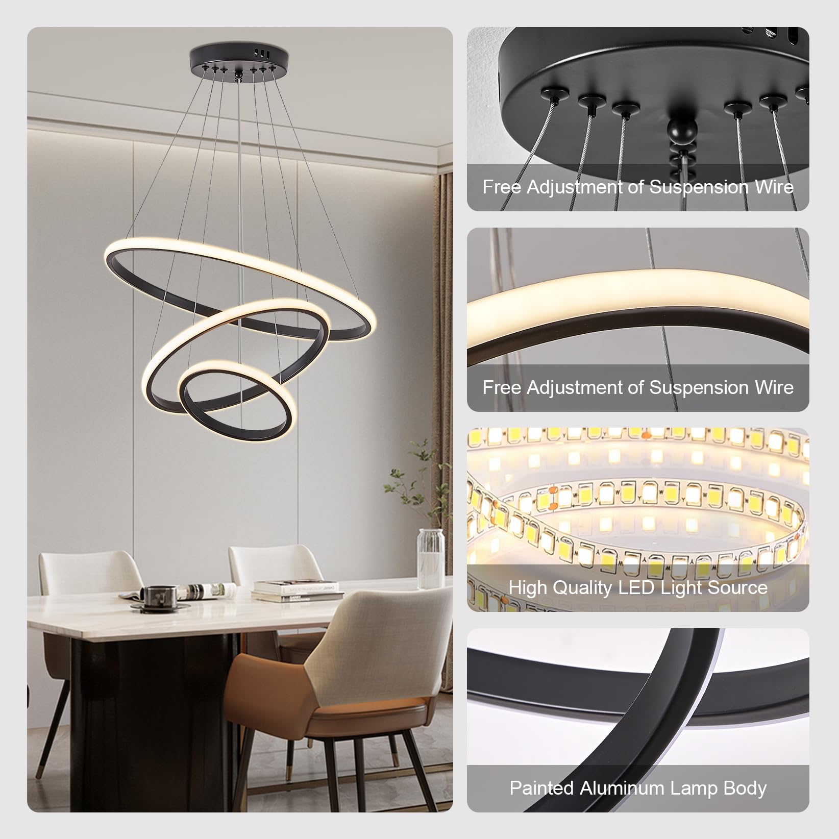 Pendelleuchte Esstisch Schwarz,BRIMETI Esstischlampe 50cm Höhenverstellbar Esszimmerlampen 45W 3-flammig Hängeleuchte Dimmbar Mit Fernbedienung LED Hängelampe Wohnzimmer Esszimmer Küchen Bar Leuchten