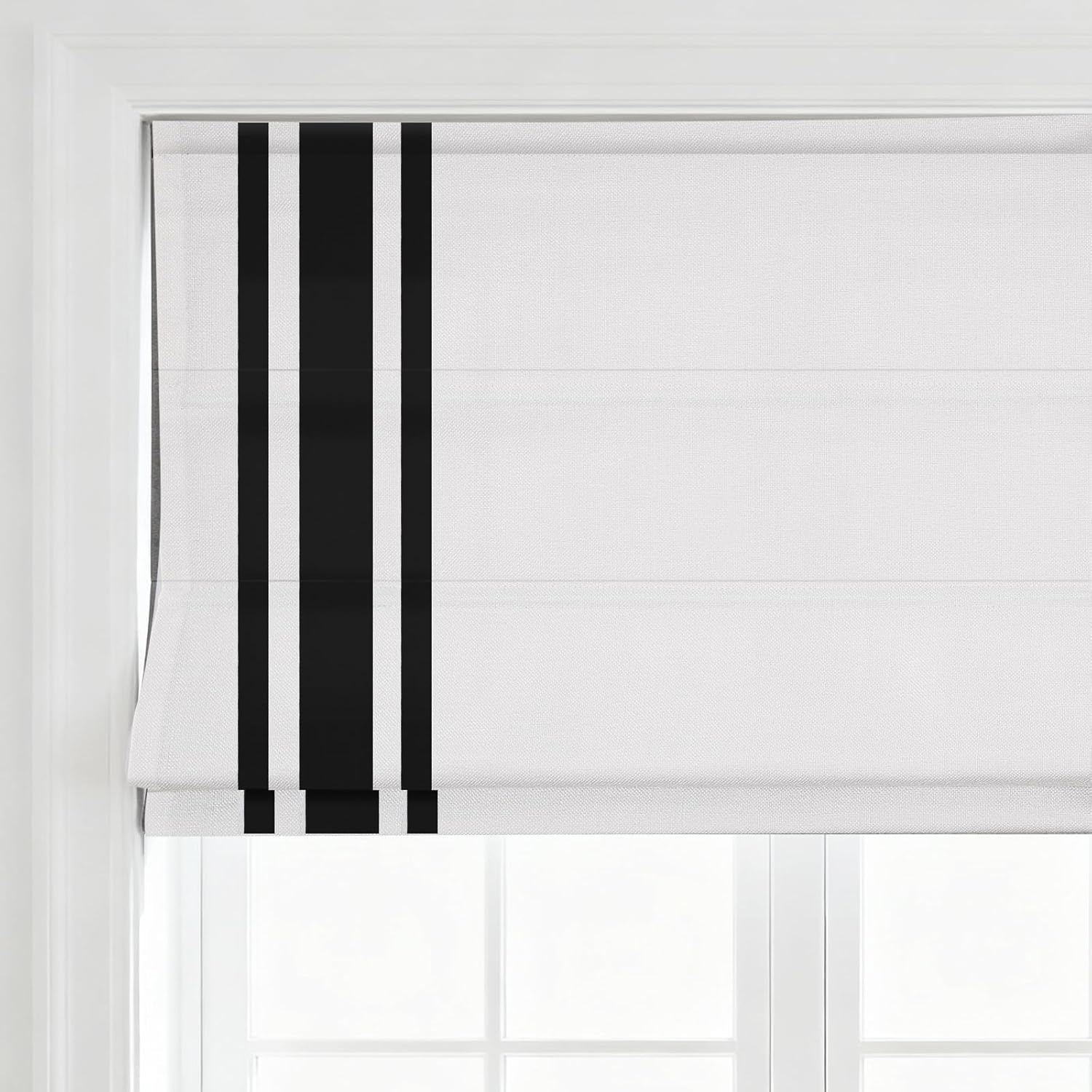 Cordless Roman Shades with Ribbon Border, White Black Room Darkening Roman Window Shades, Custom Washable Fabric Roman Shades for Windows, Kitchen Windows, Doors
