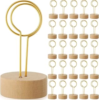24 PCS Wooden Table Number Holders Metal Wire with Wooden Base for Better Stability Place Card Holders Centerpieces, Photo Sign Stands for Weddings, Party, Birthdays (Gold,Circle)
