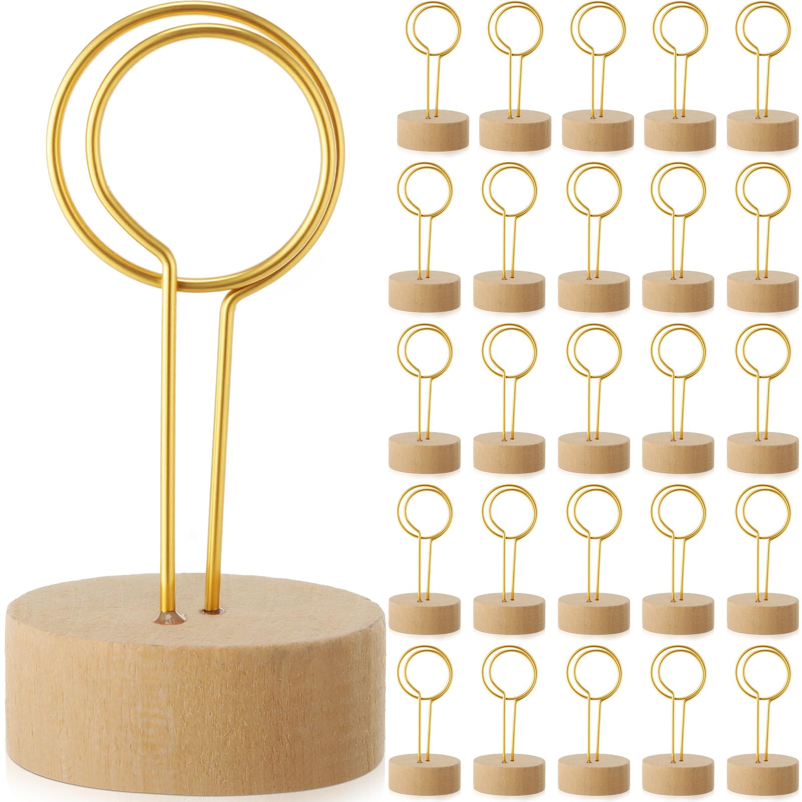 Photo 1 of BrightRow 24 PCS Wooden Table Number Holders Metal Wire with Wooden Base for Better Stability Place Card Holders Centerpieces, Photo Sign Stands for Weddings, Party, Birthdays (Gold,Circle)