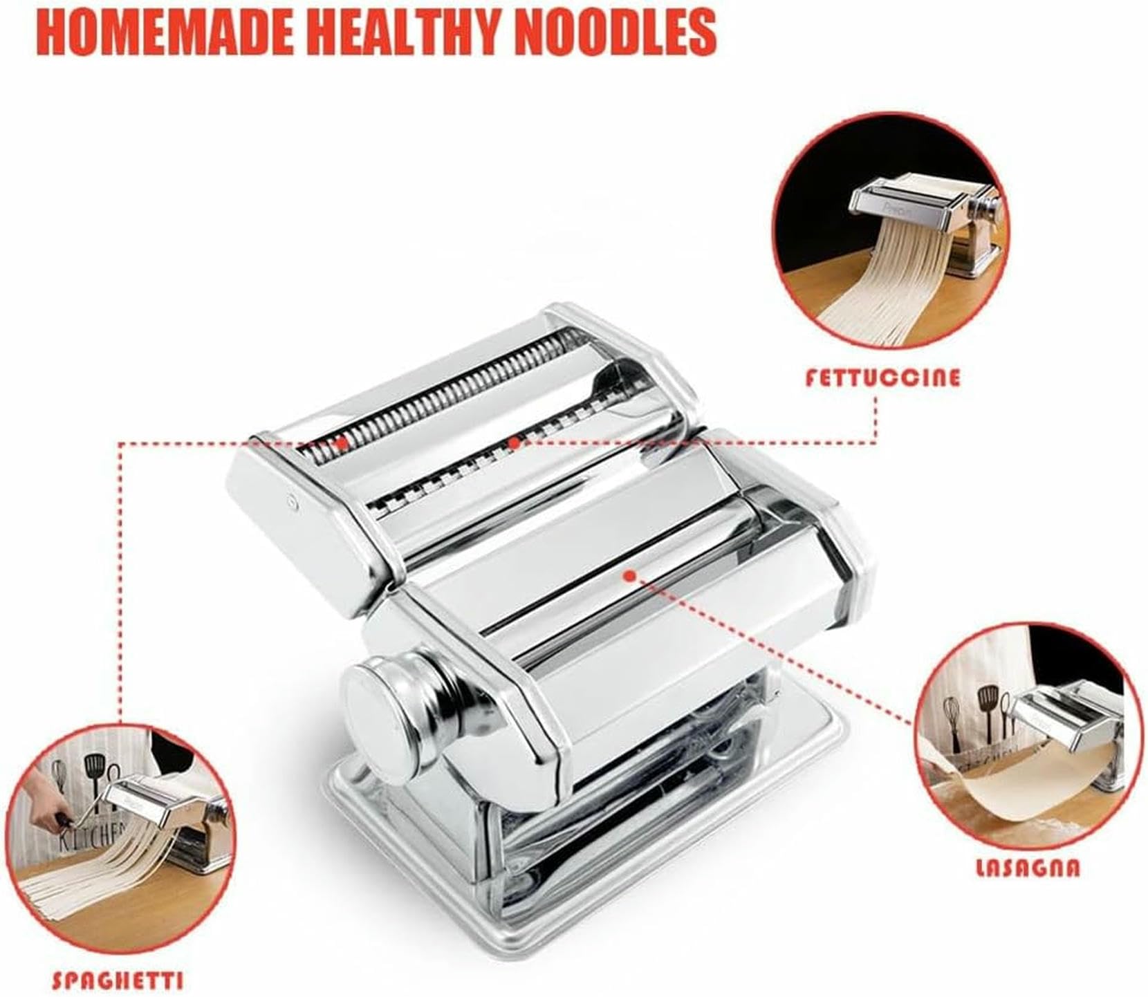 Máquina De Pasta, Manivela Manual De Acero Inoxidable Automática con 6 Ajustes De Espesor Ajustable 2 En 1 Fabricante De Fideos - Máquina De Fideos Frescos Familia