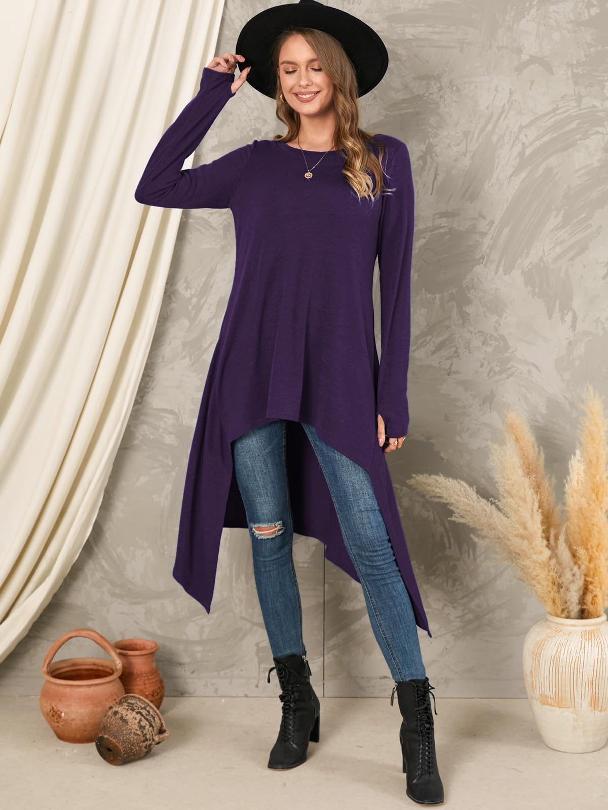 ZANZEA Femme Robe Pull en Maille Oversize HiverTunique Longue Grande Taille Robe Sweat Asymetrique Style de Base Violet XXL