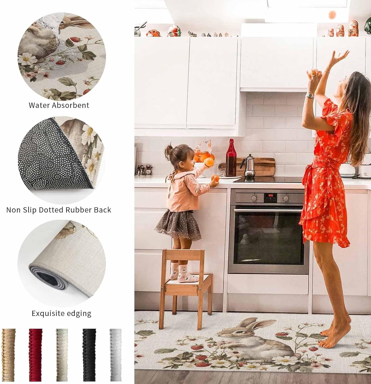 2 Pieces Kitchen Rugs and Mats,Watercolor Easter Rabbit Strawberry Flower Area Runner Rug Set Non Slip Floor Doormat Washable Carpet Standing Mat for Kitchen Sink Indoor Corridor,Retro Farm Animal