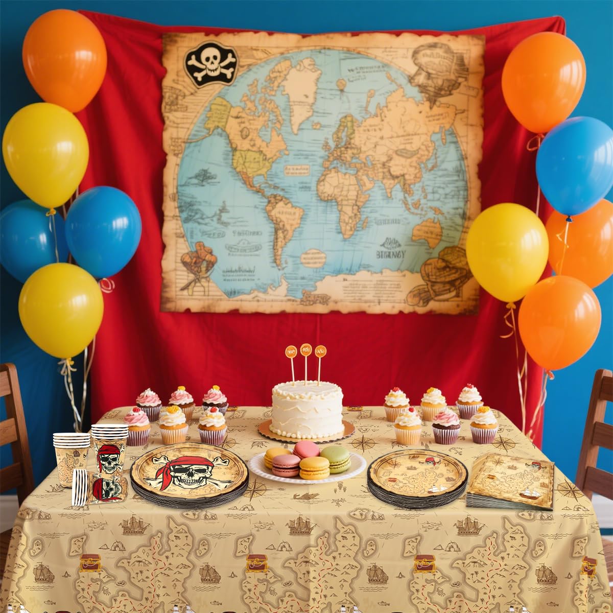 Lot de 100 décorations de fête pirate, vaisselle de table pirate comprenant assiettes, serviettes et gobelets pour enfants, garçons, décoration de fête du trésor d’anniversaire, décorations d - 3