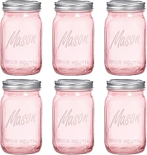 WELLIFE Mason Jars 32 oz,Pink Glass Jars,Wide Mouth Mason Jars with Lids