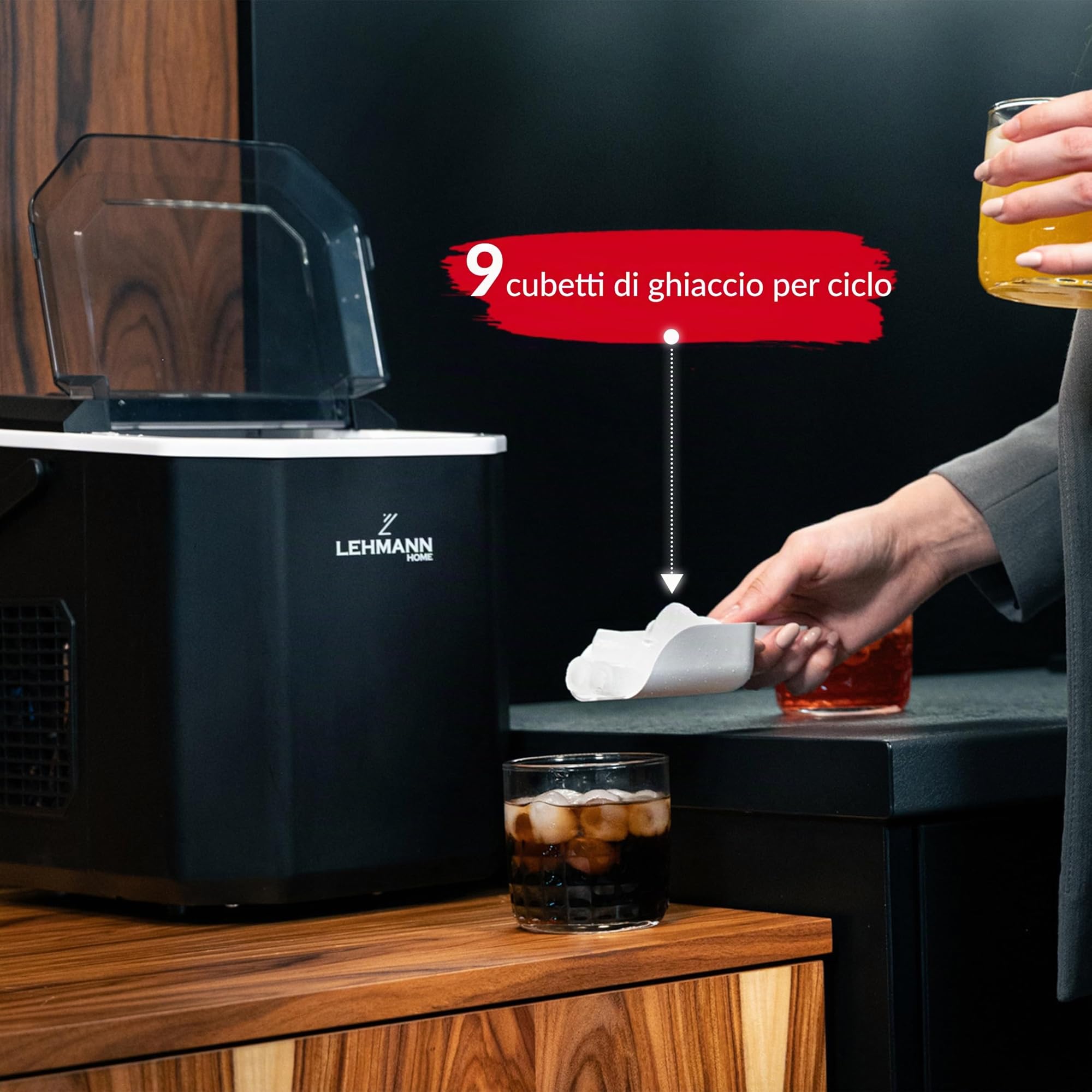 LEHMANN Macchina per il Ghiaccio, 9 Cubetti in 6–8 minuti, 2 Dimensioni, 12 kg in 24 ore, Macchina per Ghiaccio con Maniglia portatile per Casa, Feste, Ufficio e Campeggio
