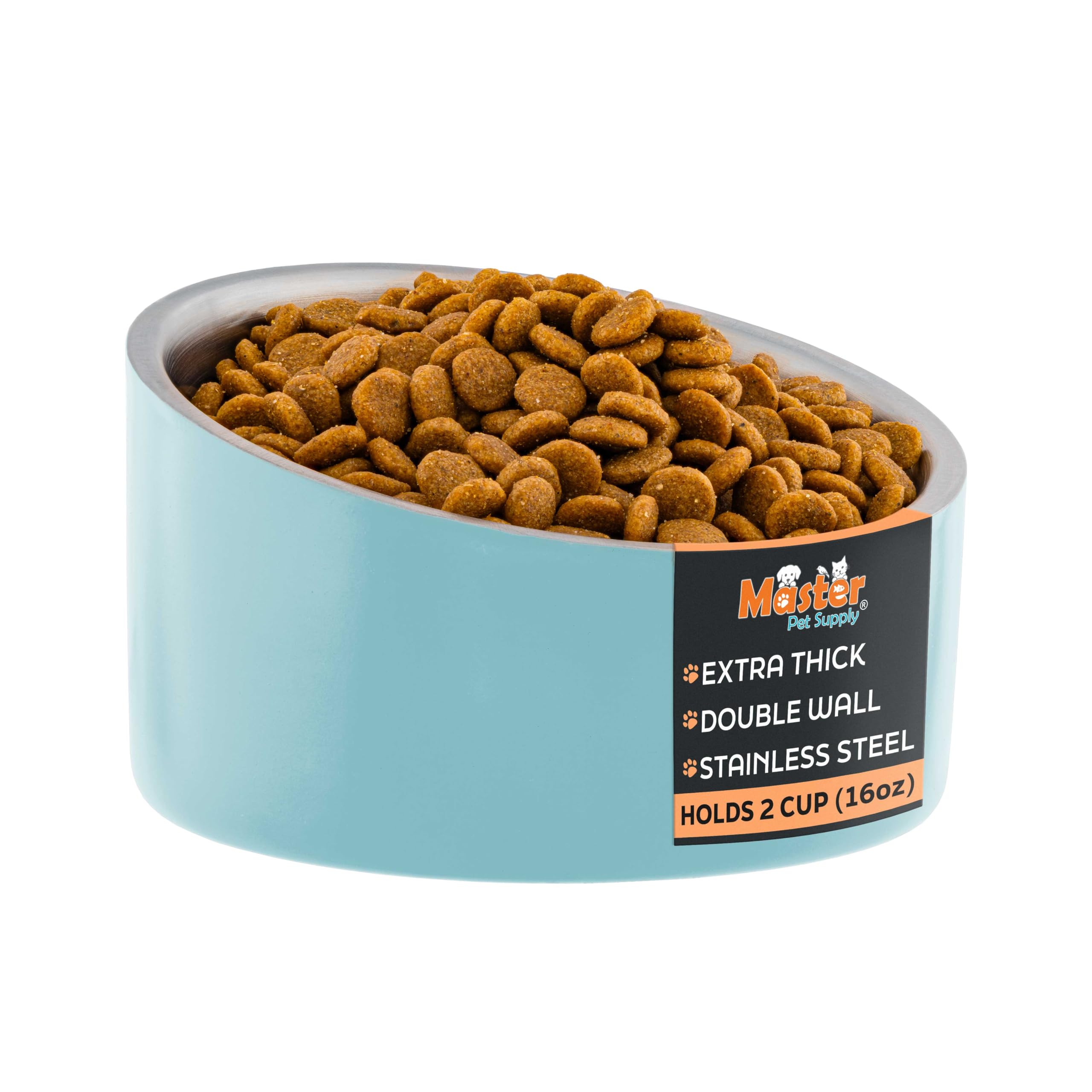 Master Pet Supply Stainless Steel Slanted Dog Cat Food Bowl - 16 oz Heavy Duty - Aqua Sky, Double Wall Insulated, Non-Slip Elevated Bowl for French Bulldogs Pugs Cats, Anti Rust Dishwasher Safe — image 1