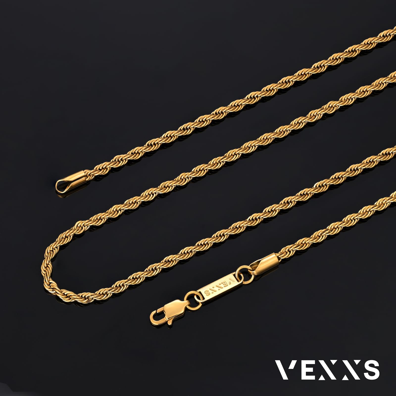 VEXXS EXXS Goldkette Herren Kordelkette,18 Karat Vergoldet 3/4/5mm Edelstahl halskette Herren Kette,Goldkette für Herren Damen Männer Jungen, Schmuck Geschenk,46-66cm