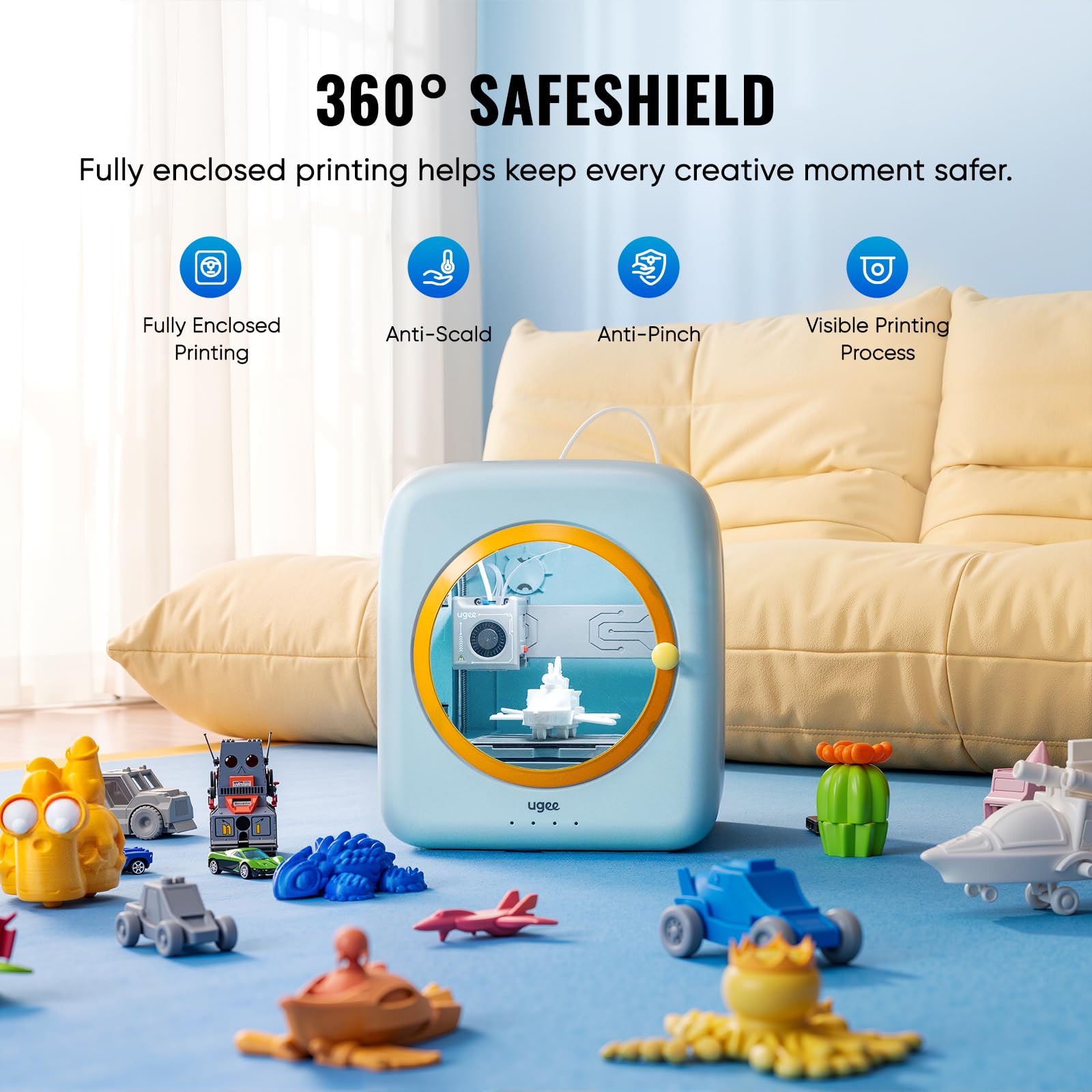 ugee Funbox - Impresora 3D para niños, filtro de aire seguro para el hogar, modelado de voz/fotos IA, impresión de aplicación de un solo toque, antiquemaduras, divertido fabricante educativo para