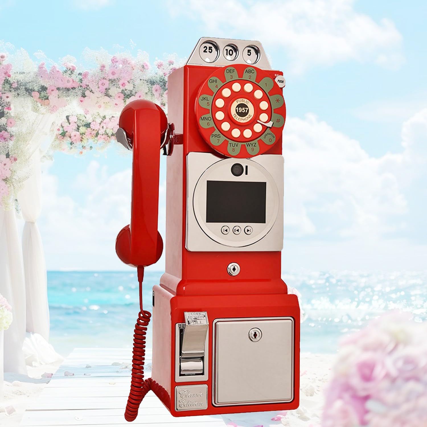 13 milionów pikseli retro styl weselny wideo księga gości, rejestrator wiadomości z budki telefonicznej, z funkcjami MP4 i audio, 5-7 godzin użytkowania, bateria 5000 mAh (Red)