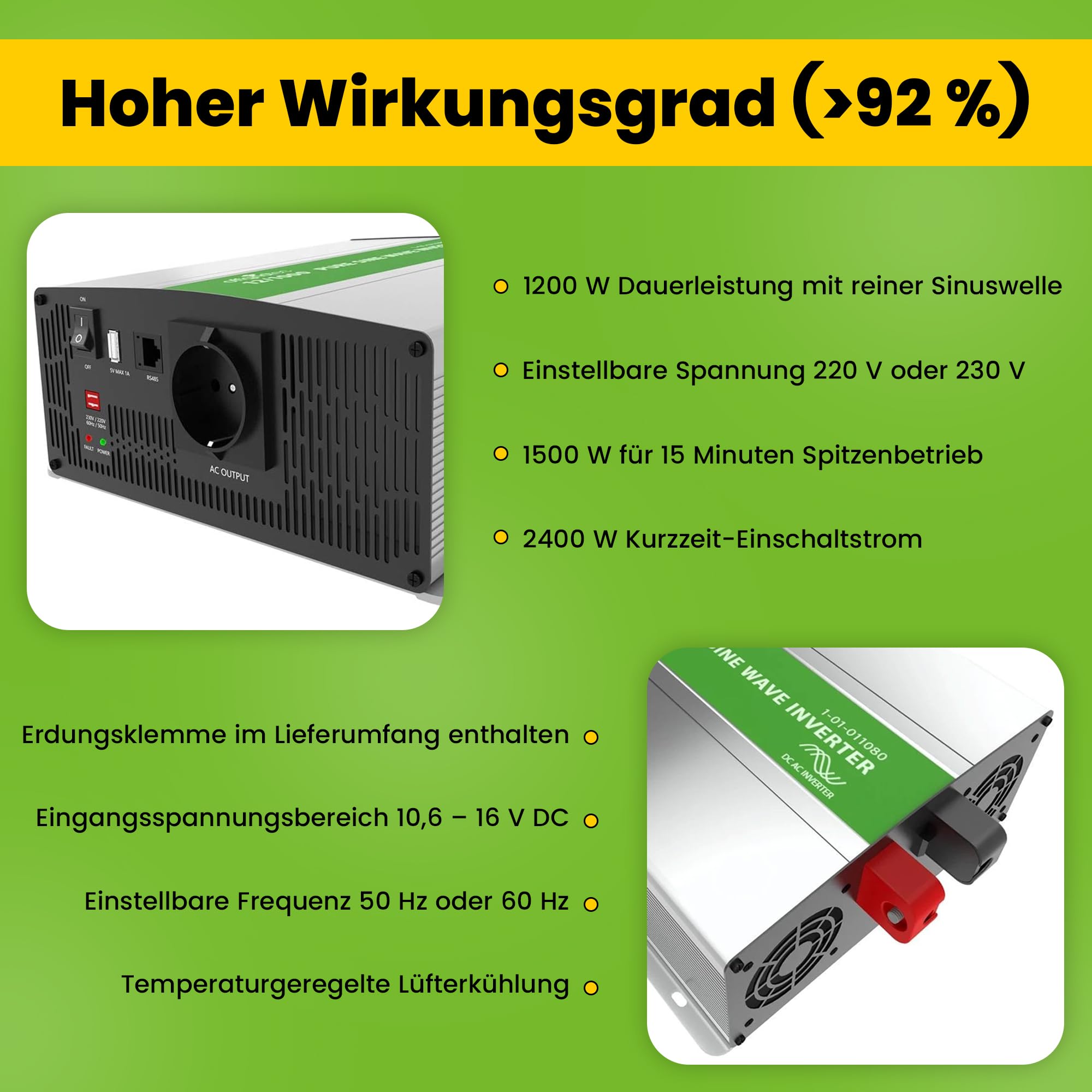 Offgridtec 1-01-011090 Przetwornica, Czarny/Szary, ‎29.6 x 23.2 x 9.9 cm; 5.46 kg, 220/230 V, 12 V, 1500 W