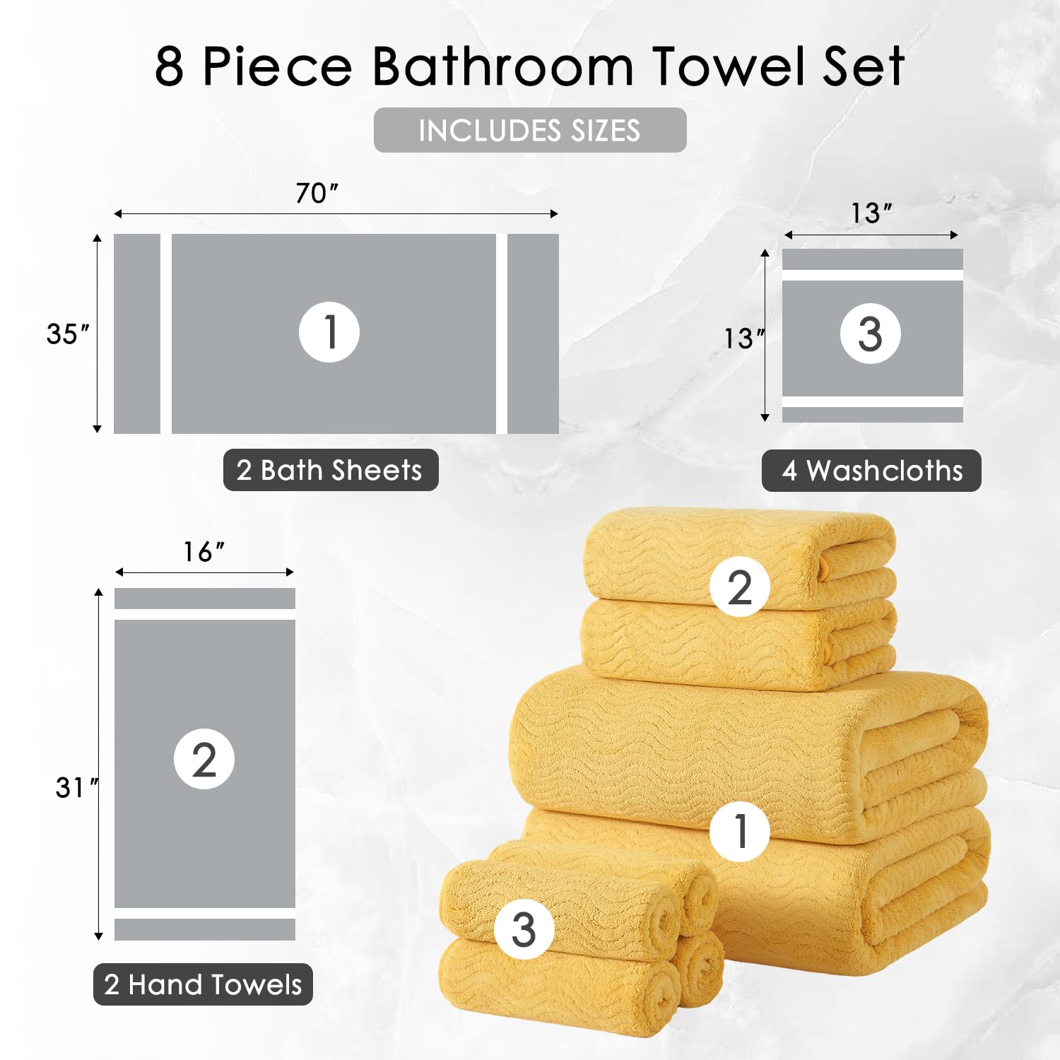 Juego de toallas de baño de 8 piezas, 2 toallas de baño de gran tamaño, 2 toallas de mano, 4 toallas faciales, juego de toallas de baño extragrandes suaves para baño y hotel, colecciones de toallas de