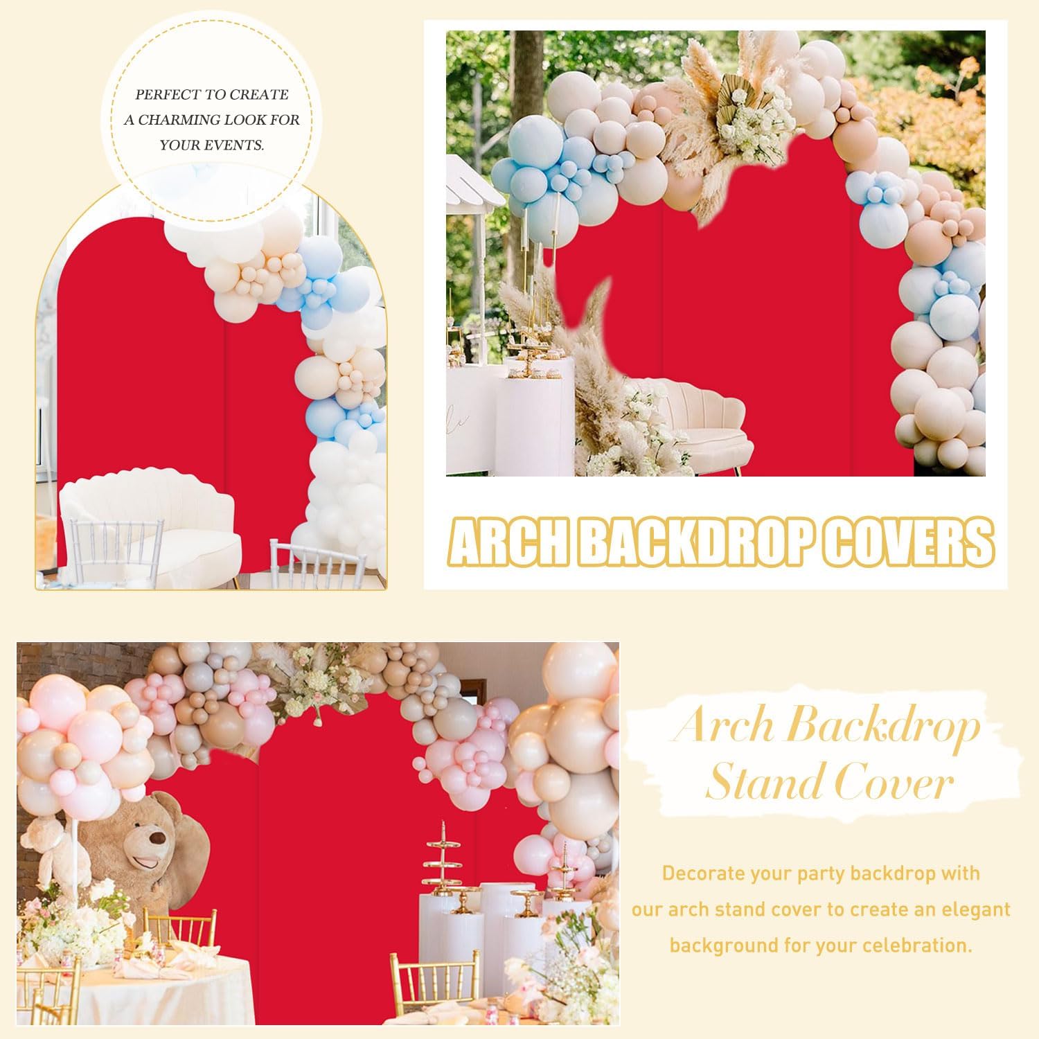 Metal Arch Stand Spandex Arch Backdrop Cover Set of 3 (4FT, 5FT, 6FT) Party Backdrop Arch Red Wedding Arch Backdrop Stand with Cover Gold Arch Frame Stand for Arch Cover Wedding Ceremony Decor