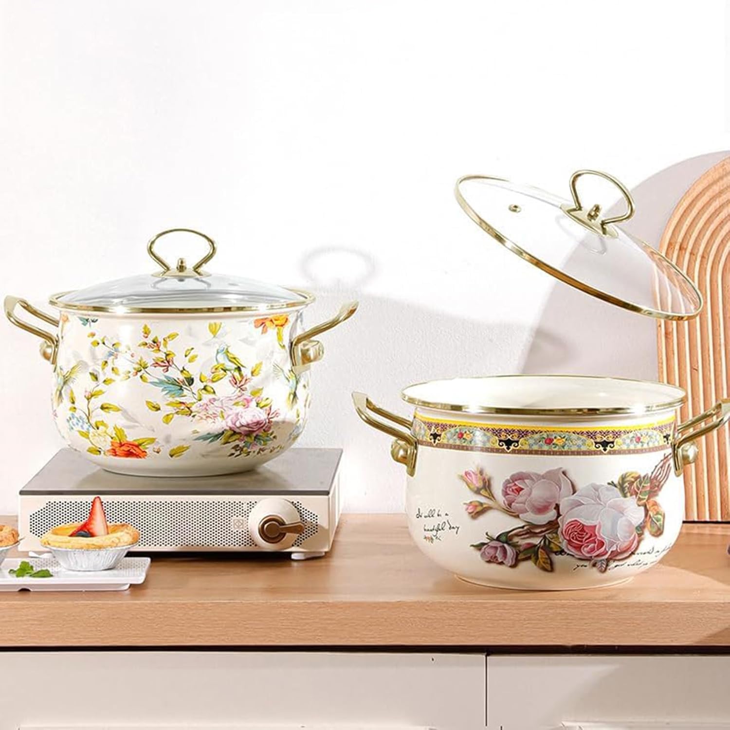 Enamel Simmer Pot with Lid, Deep Vintage Flower Stew Cooking Pot, Nonstick Thicken Saucepan with Glass Lid and Dual Handles, Large Soup Pot Safe for Induction Cookers and Stove,26cm/10.2inch