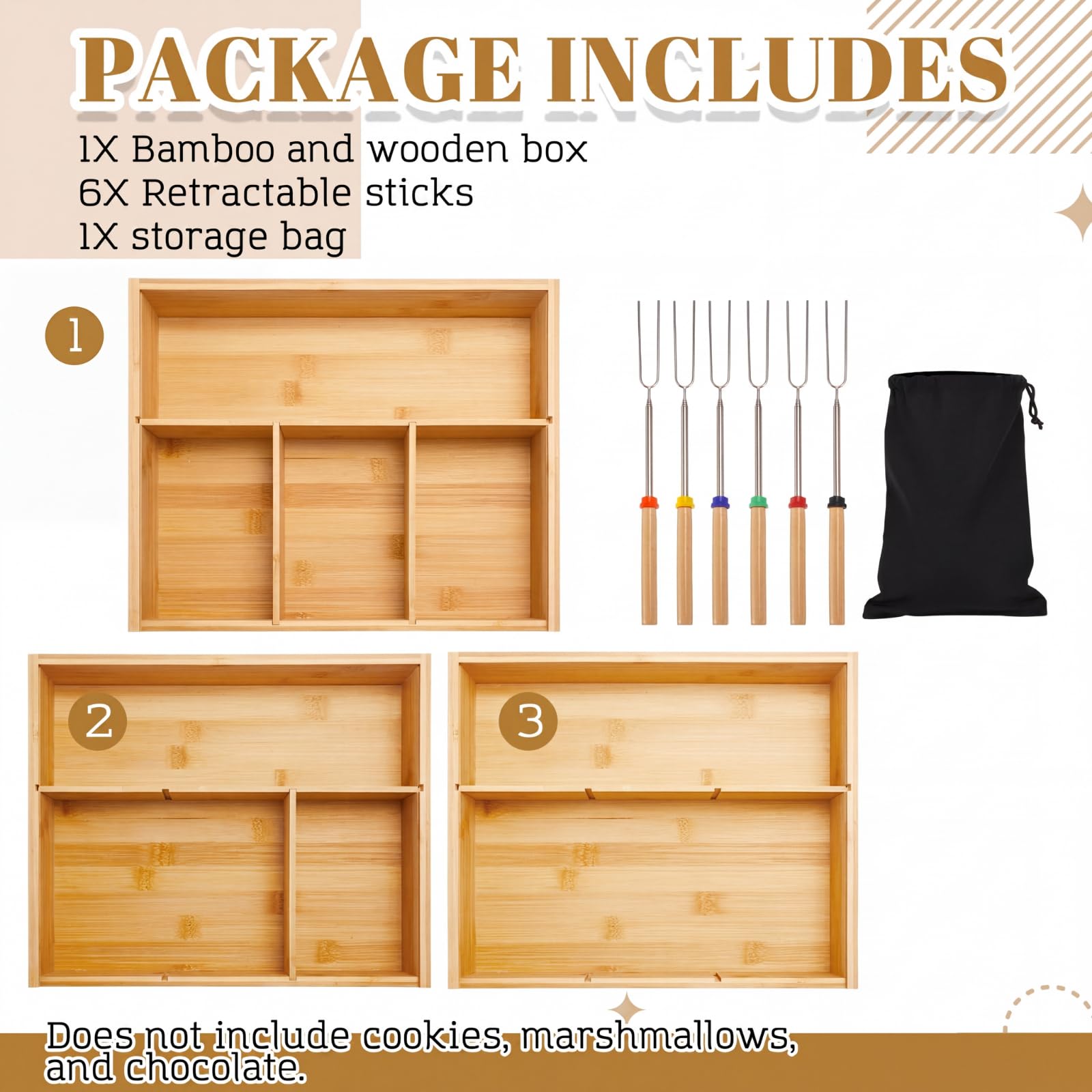 LemonRoad Smores Kits, caja de bambú S'mores Kit con tapa, 6 varillas extensibles para asar y bolsa de transporte, juego de utensilios de cocina portátiles de camping para fiesta de picnic al aire