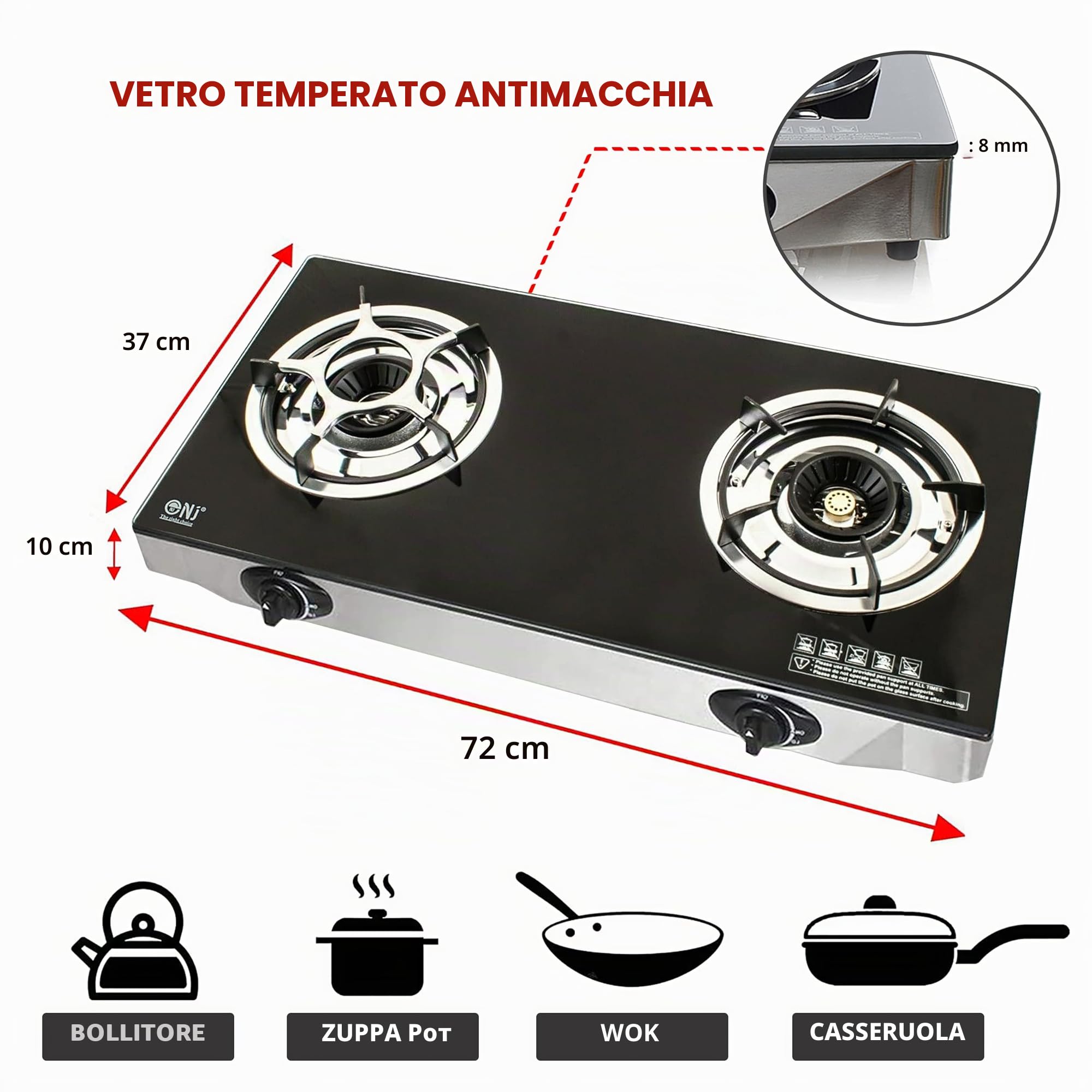 NJ NGB-S2 - Fornello a gas, 2 fuochi, in vetro, colore: nero, 6,8 kW