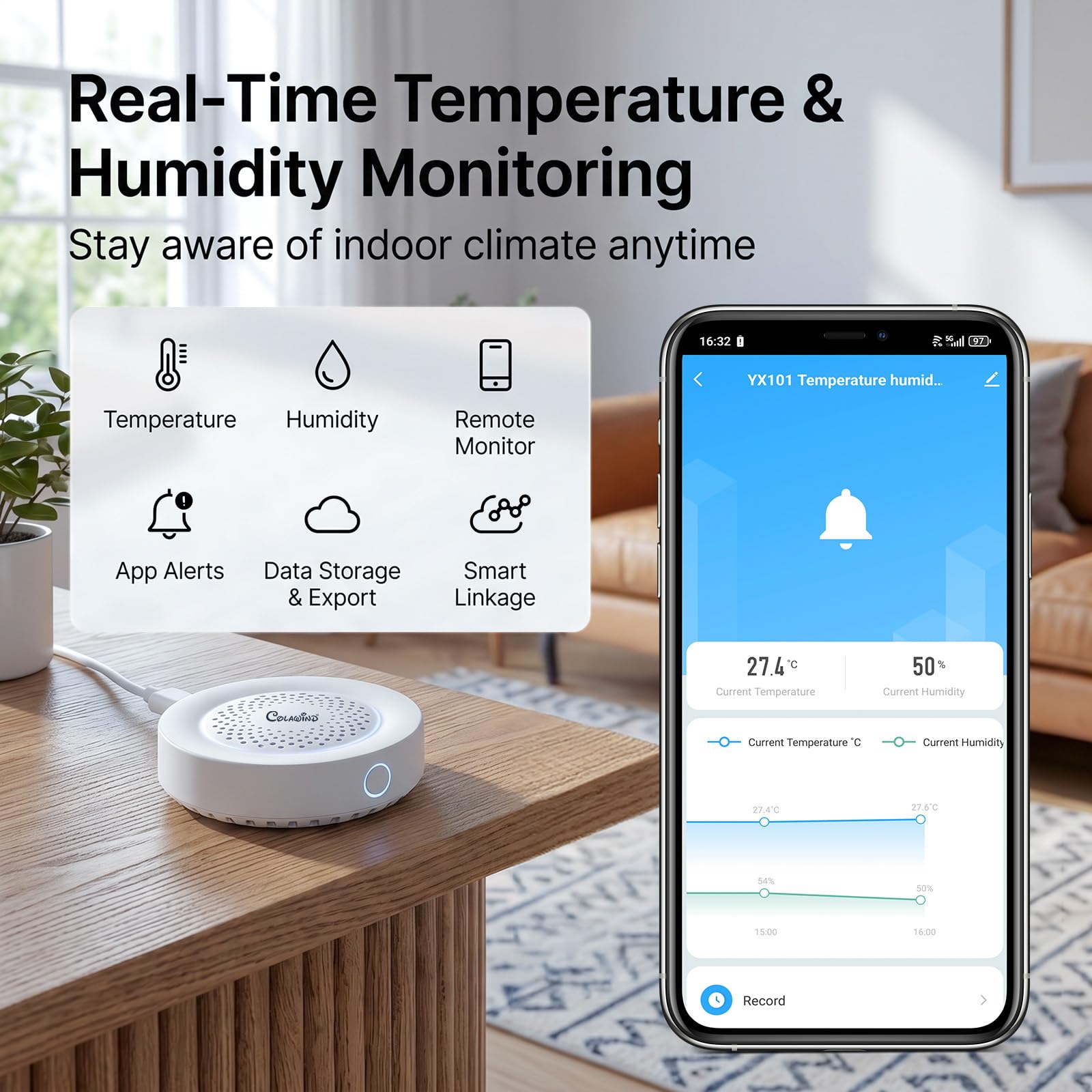 Sensore WiFi di Temperatura e Umidità con Allarme Sirena 100dB, Termometro e Igrometro Intelligente, Monitoraggio Remoto via App e Avvisi in Tempo Reale per Casa, Invernadero, Cantina