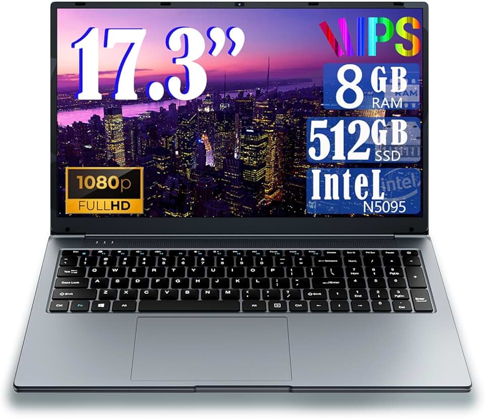 Laptop de 17 polegadas, Win 11,8 GB RAM 512GB SSD, processador Celeron Quad-Core (até 2,9 GHz), tela IPS Full HD com, Tipo-C, Wi-Fi, USB 3.0 (17 lnch-512)
