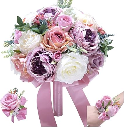 Amazon ウェディングブーケ アイボリーとブラッシュピンク 牡丹 ウェディング フラワー シルク ブライダルブーケ ウェディングデコレーション D41 3個セット パープル 造花 オンライン通販
