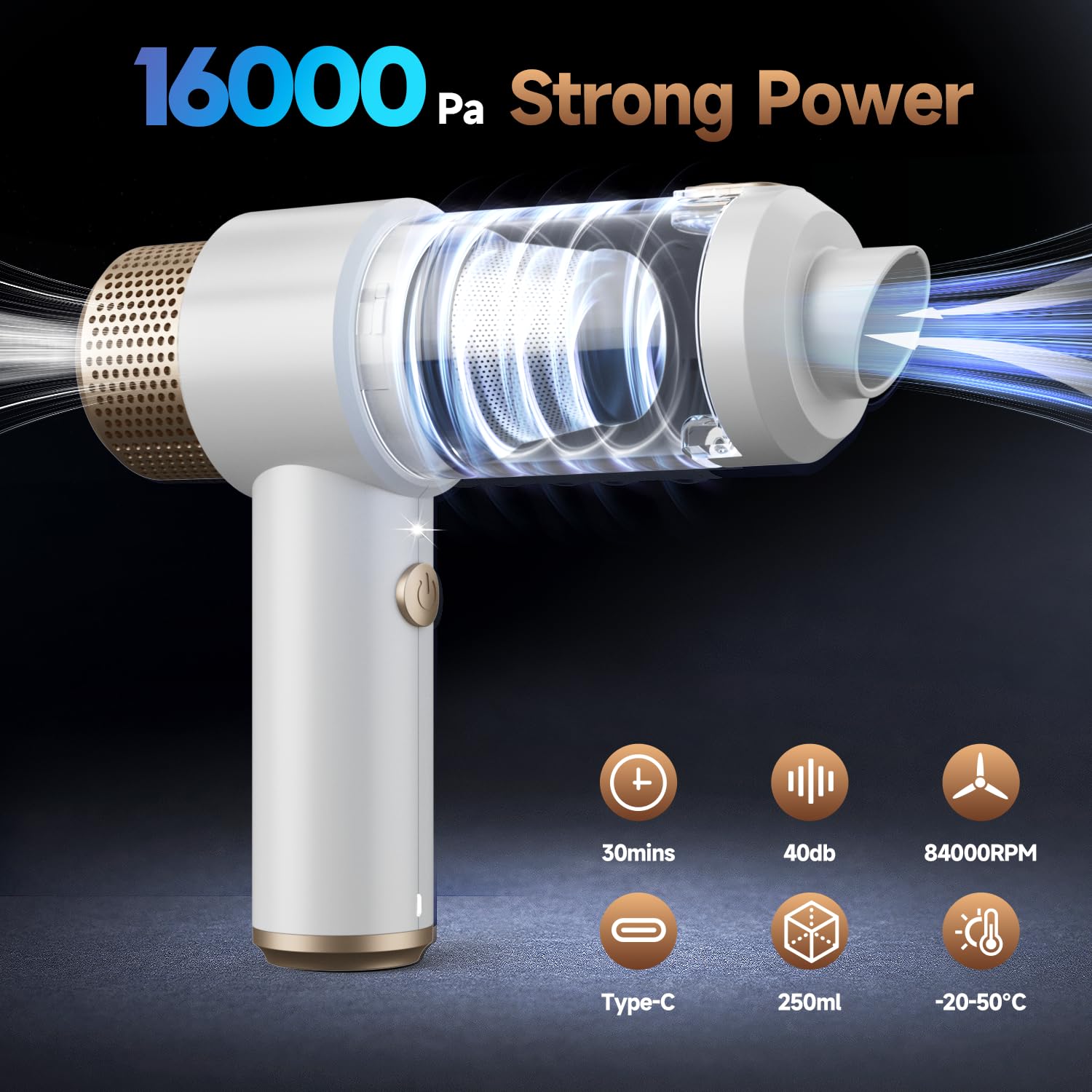 Vizeusvac 16000PA Mini Auto Aspiradora Inalámbrica Potente 7 en 1 Aspiradora de Mano Portátil Inalámbrica con Luz LED Doble Filtro One Touch Vacío Pelo de Animal para Hogar Oficina