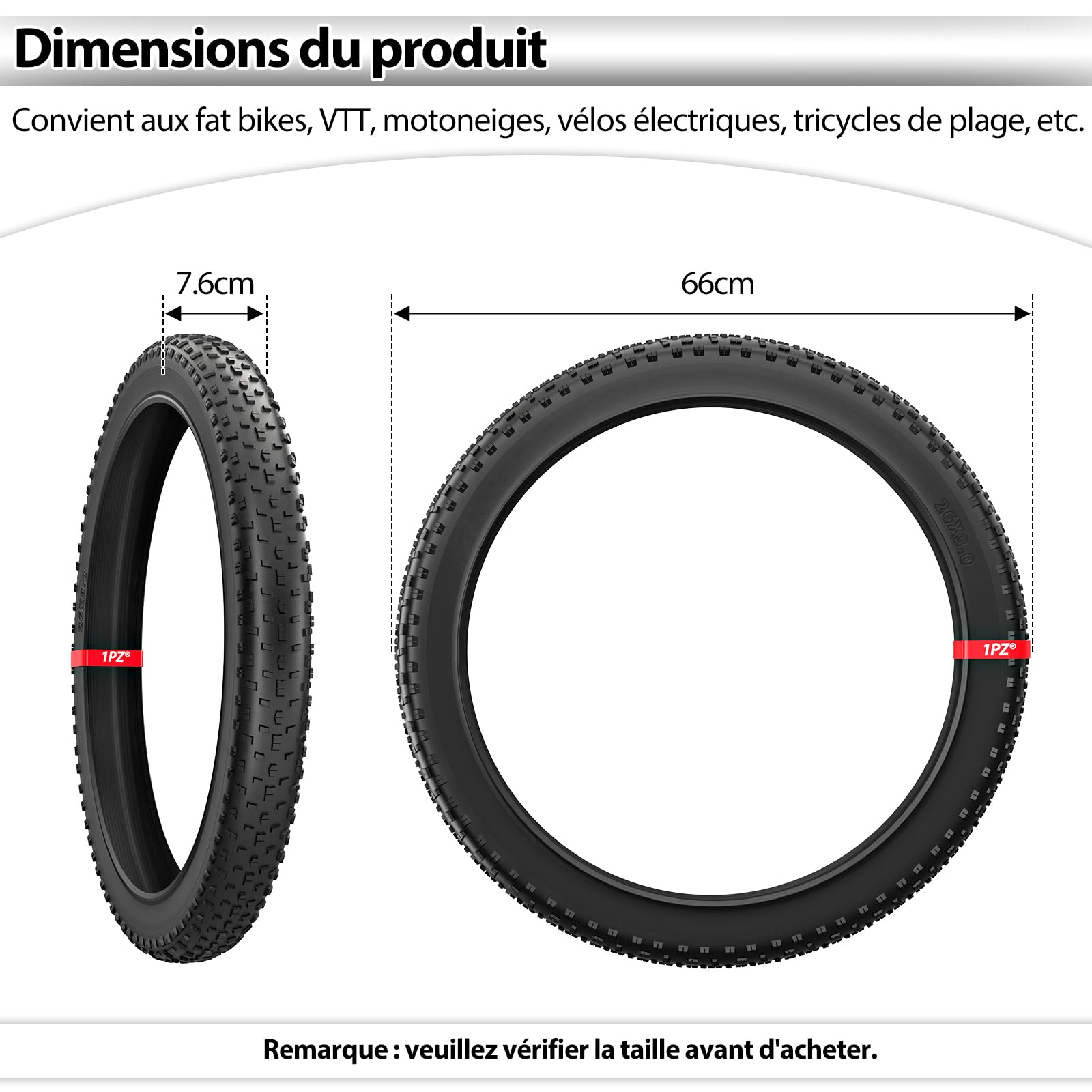 1PZ FR7-FT1 Pneu de Vélo Fat Bike 26x3,0 Pouce : Pneu VTT Fat Performance Tout-Terrain, Pliable et Polyvalent pour Fat Mountain Bike - Conduite sur Route et Sentier