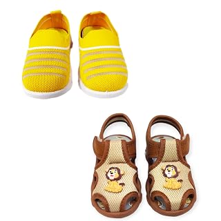 Coolz Kids Chu-Chu Sound Musical Sandals and Shoes Combo (2 Pairs) for Baby Boys and Girls (Yellow and Brown, UK Footwear Size System, Toddler, Age, Medium, 15 Months)
