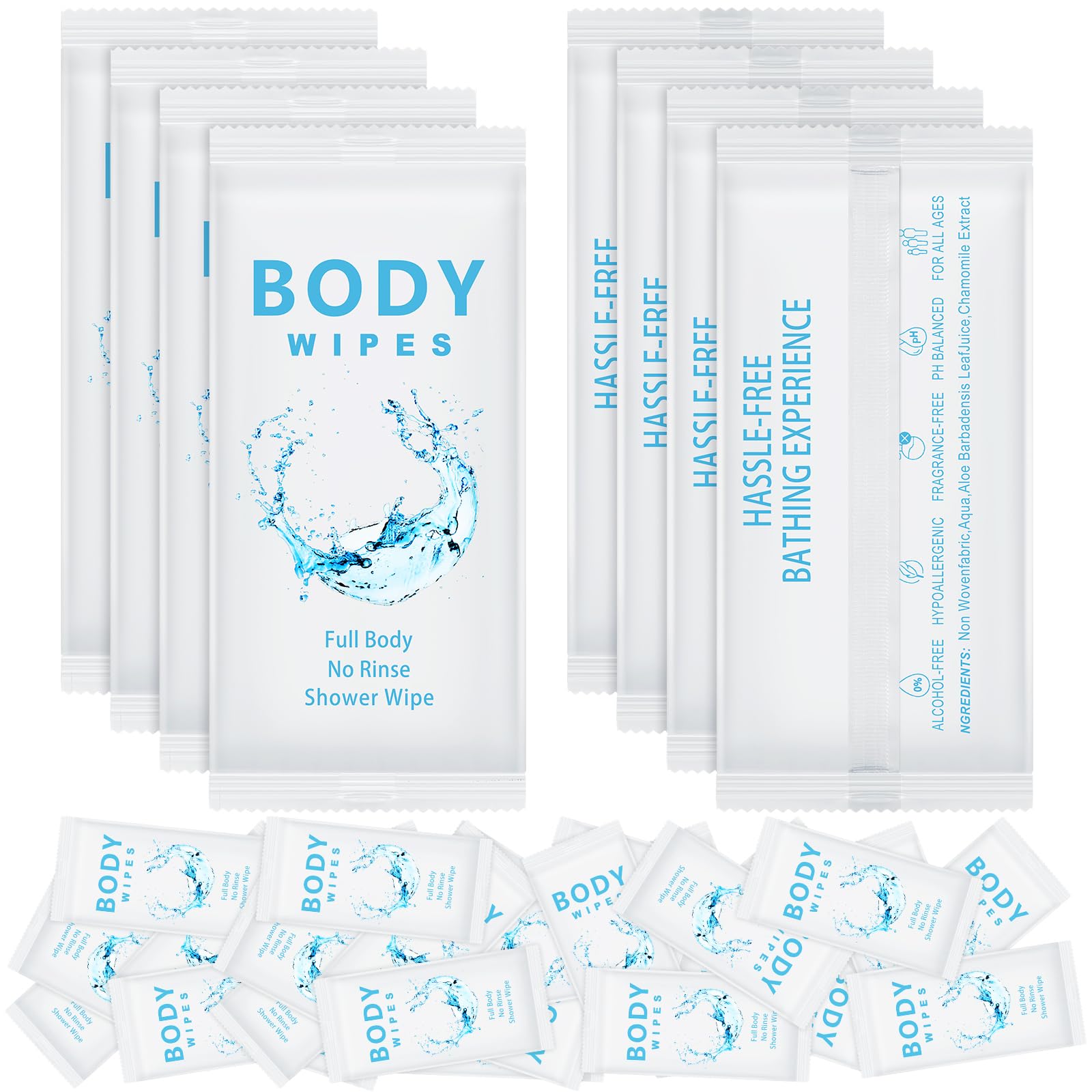 Treela 300 Pcs Large Body Wipes Individually Wrapped Bath Wipes for Adults Bathing No Rinse Shower Wipes Bulk Deodorant for Homeless Personal Cleansing Wipes for Travel Gym (White, 7.09