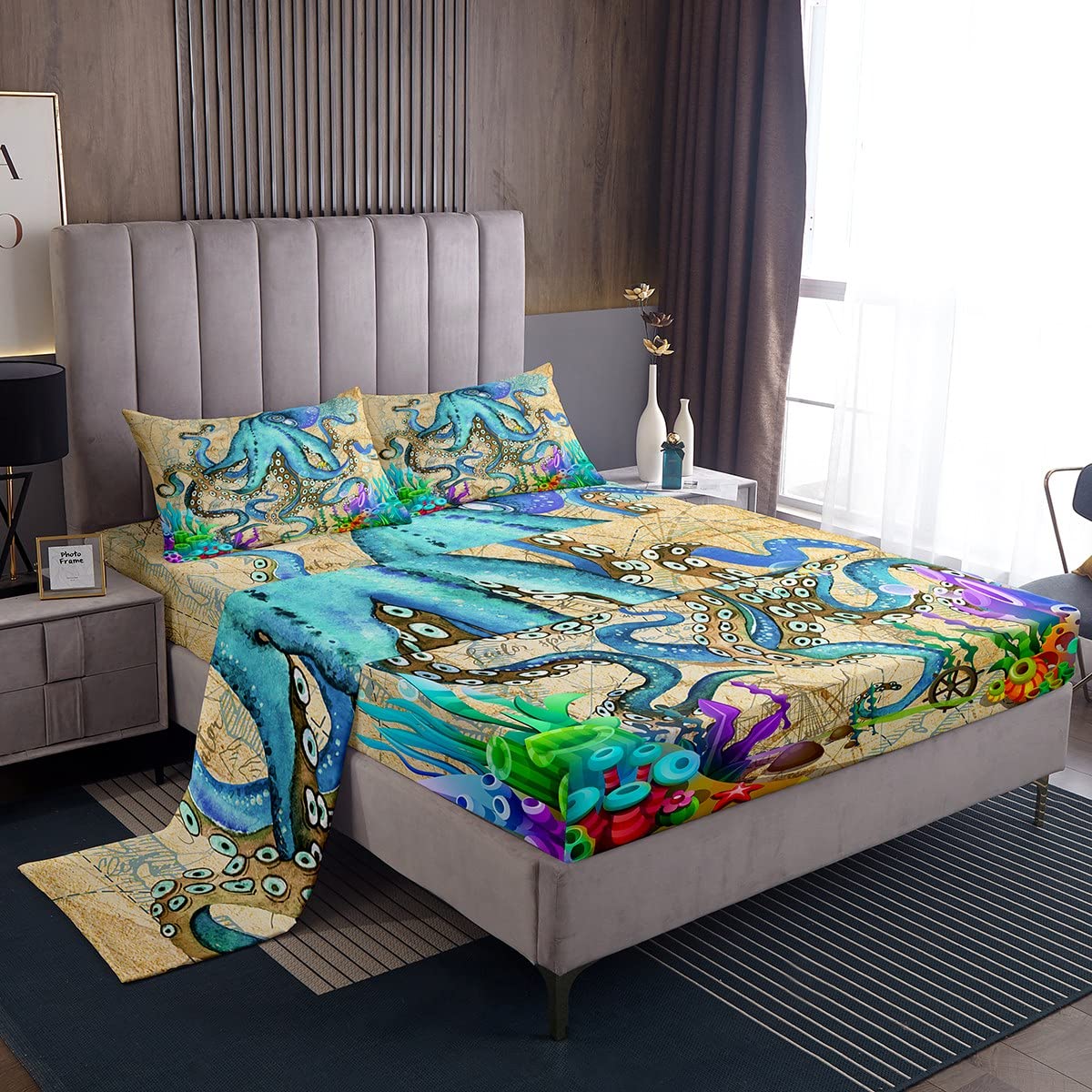 Lenzuola King Size Jejeloiu Tema Nautico Oceano - Microfibra Morbida Con Tasca Profonda 40 Cm - Biancheria Letto Per Bambini E Ragazzi - 5