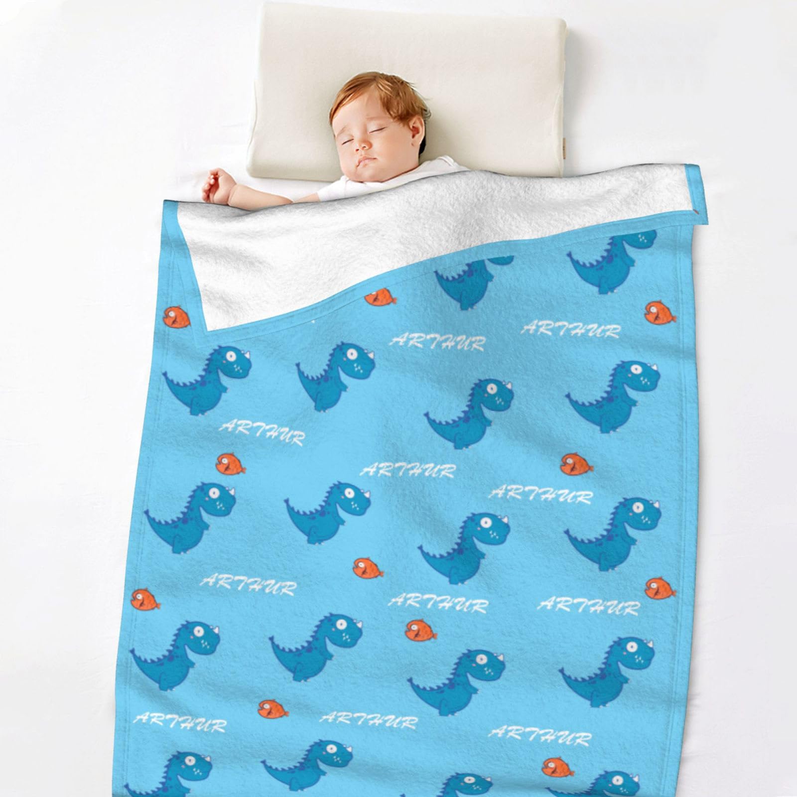 Haisimiery Personalised Blanket Throw for Baby Boys Girls Adults Blue Dinosaur Pattern, Customised Baby Blanket Throw with Name Text, Chiristmas Birthday for Newborn Toddlers Kids Adults