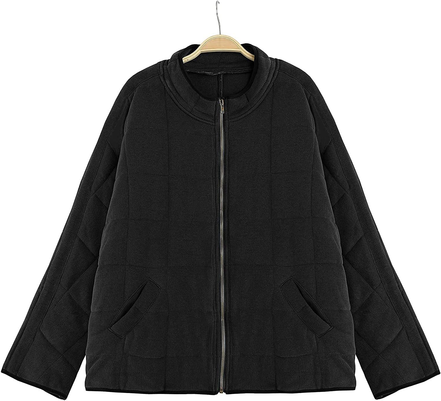 Womens Winter Quilted Down Jacket Lightweight Long Sleeve Zip Up Bomber Long Sleeve Stand Neck Warm Casual Plain Coat