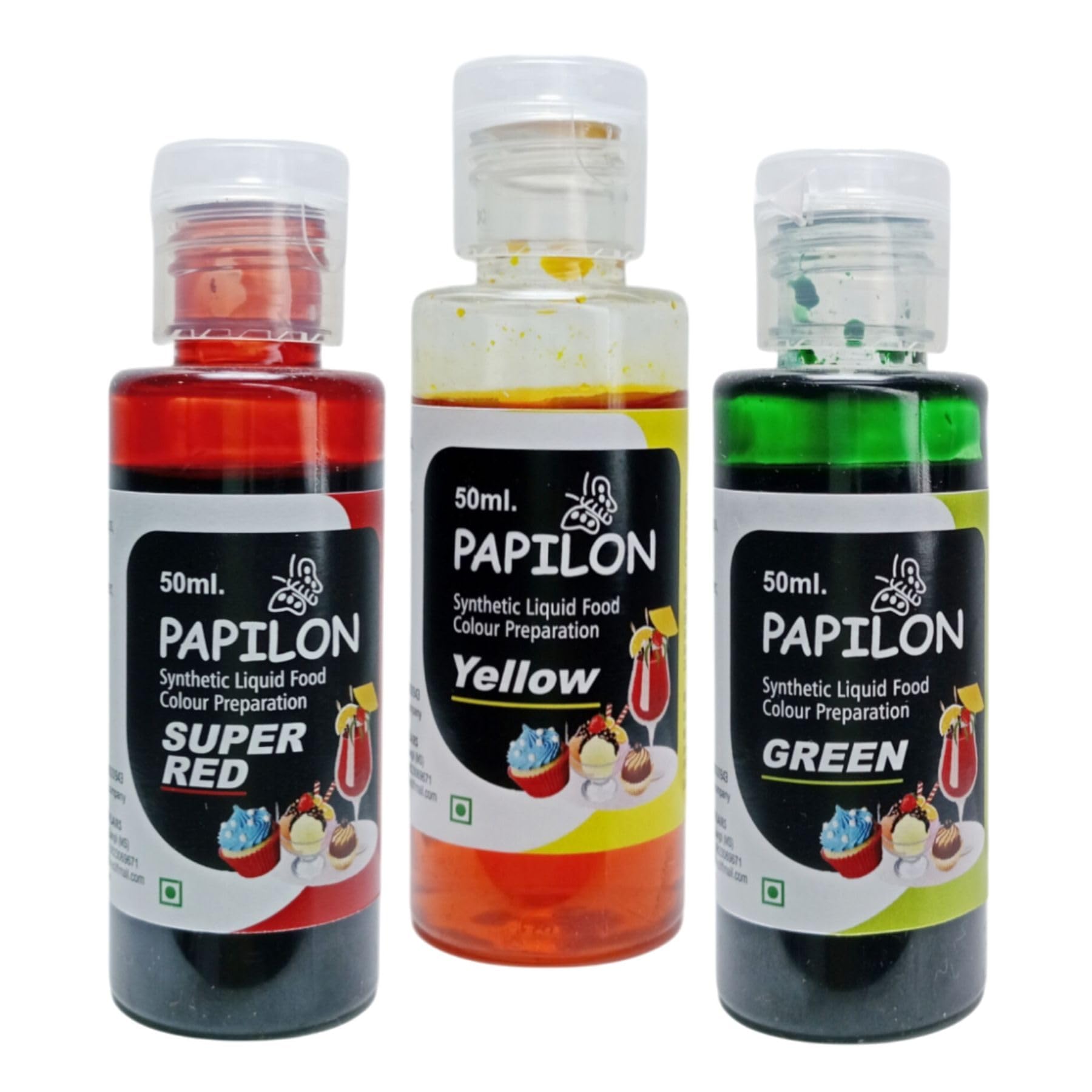 Papilon Liquid Food Colour Pack of 3 (50ml Each)- Yellow, Super Red, Green For Cake| Icecream| Sweets| Chocolates| Baking| Cooking