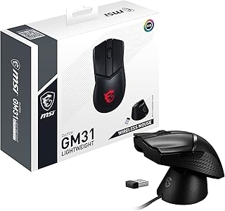 MSI CLUTCH GM31 LIGHTWEIGHT WIRELESS Gaming Mouse - 12000 DPI Optical Sensor, Right-Handed, 60M+Click Switches, 6-Buttons, 110-Hour Battery, Charging Dock, 1ms Latency, RGB, 73g - Wired/Wireless