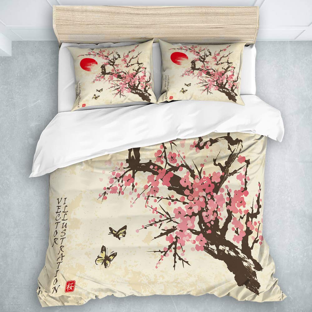 LOSUMIGEBedding - Duvet Cover Set, Spring Sakura Cherry Blossom with Butterflies in Traditional Japanese Sumi-E Style Vintage, Microfibre Duvet Cover Set,King Size(230 * 220cm)