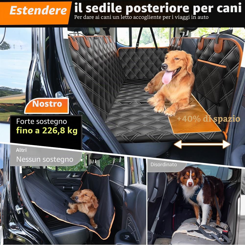 KYG Coprisedile per Cani Con Fondo Rigido, Estensore per Sedile Posteriore, Resistente, Antigraffio e Impermeabile, Telo per Auto e SUV Nero Arancione 132×62×40cm