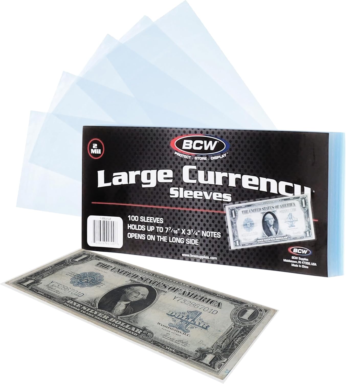 BCW Large Bill Currency Sleeve - 200 ct | Acid-Free, Archival Safe Polypropylene Sleeves for Collectible Currency | Clear Money Protectors for Storage and Display | Large US Currency Holders