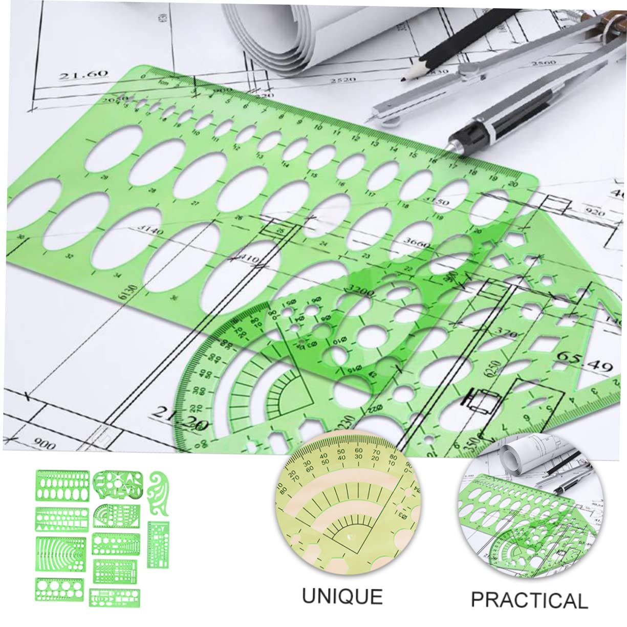 POPETPOP Stencil Geometrici in Plastica Verde per Misurazioni Pratiche Set di 11 Righello Geometrico Semplice Design per Disegno e Fai-da-te di Architetti