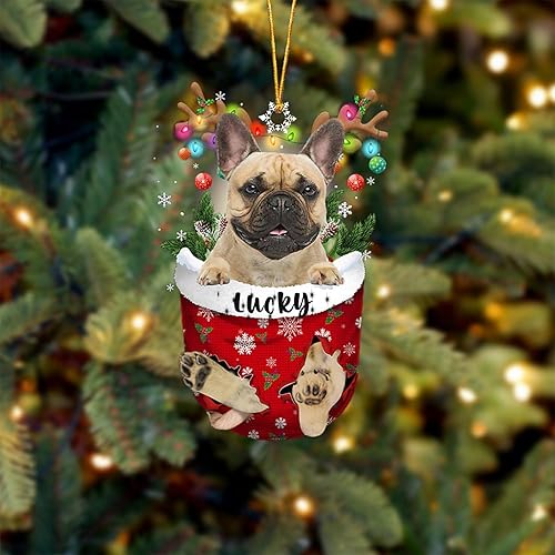 Fawn - Adorno de Navidad para perro Bulldog francés, Bulldog francés en bolsillo de nieve, adorno para árbol de Navidad, idea de regalo para amantes