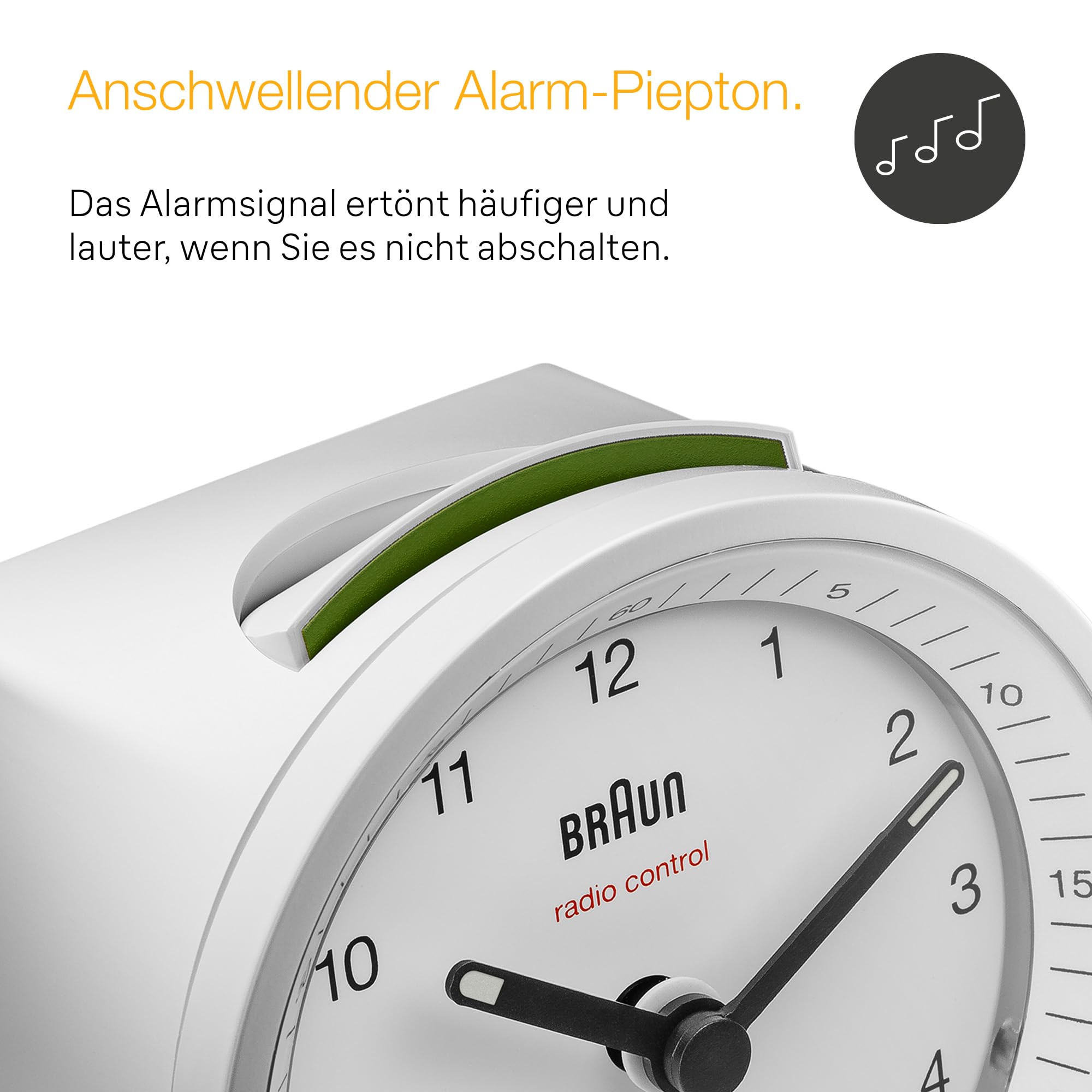 Klassischer analoger Funkwecker von Braun für die Mitteleuropäische Zeitzone (MEZ/GMT+1) mit Schlummerfunktion und Beleuchtung, ruhigem Uhrwerk, Crescendo-Alarm in Weiß, Modell BC07W-DCF
