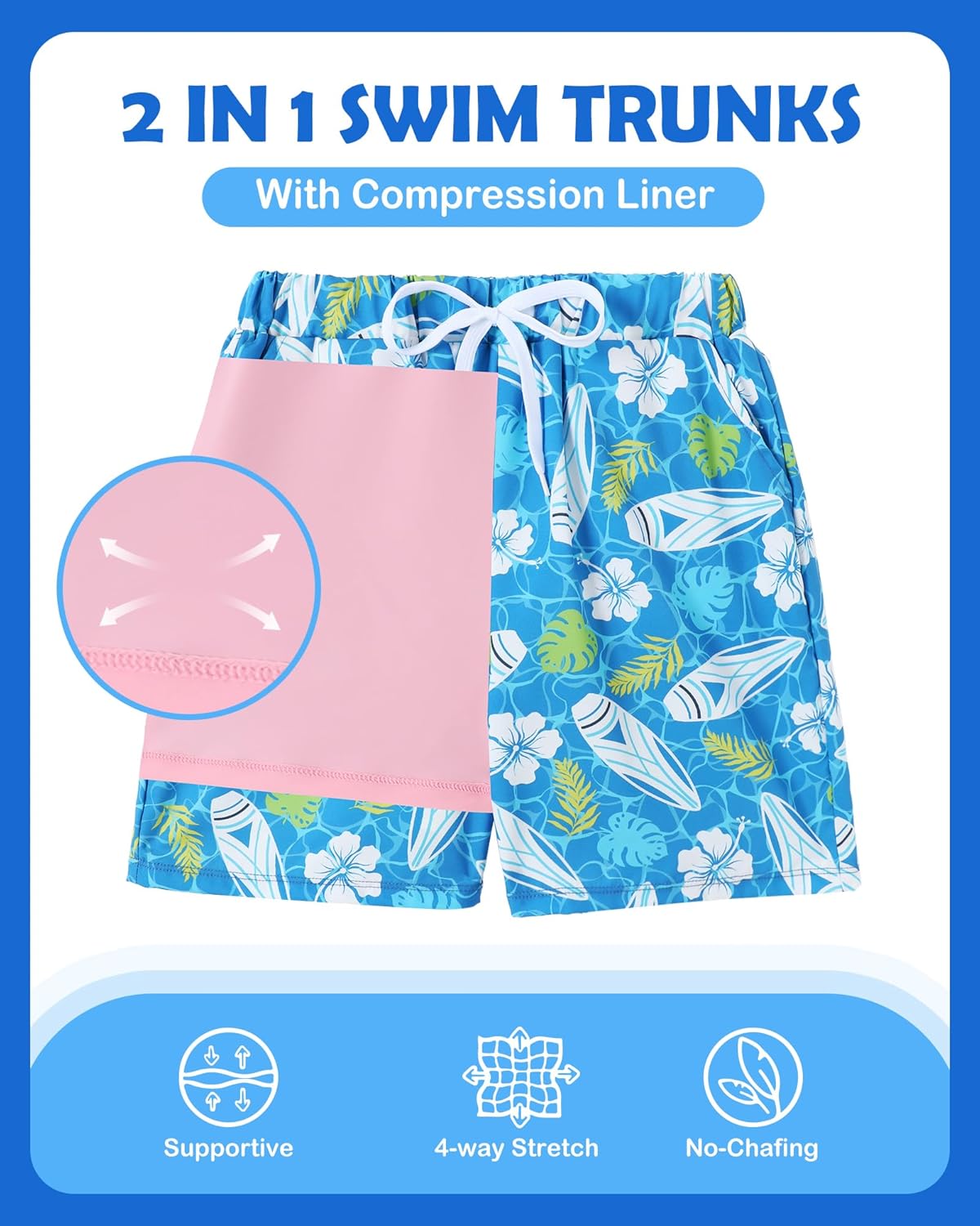 Boys Swim Trunks with Compression Liner Boy Stretch Quick Dry Swim Shorts Kids UPF 50+ Beach Swimsuit 5-10 Years - Image 4