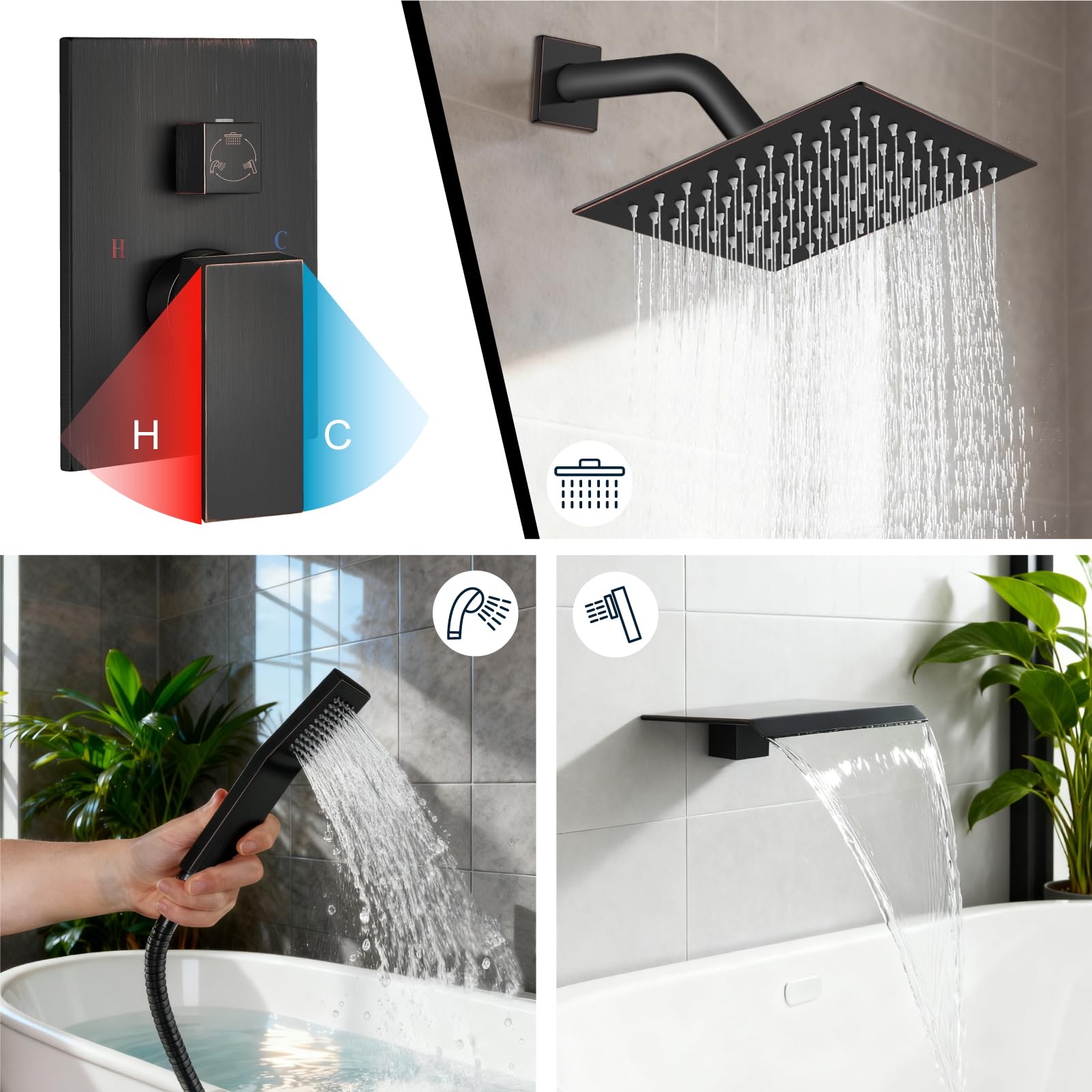 Sistema de ducha con caño para bañera, juego de grifería para bañera y ducha con cabezal de lluvia cuadrado y rociador de mano, juego de grifería de pared para bañera con válvula y kit de embellece