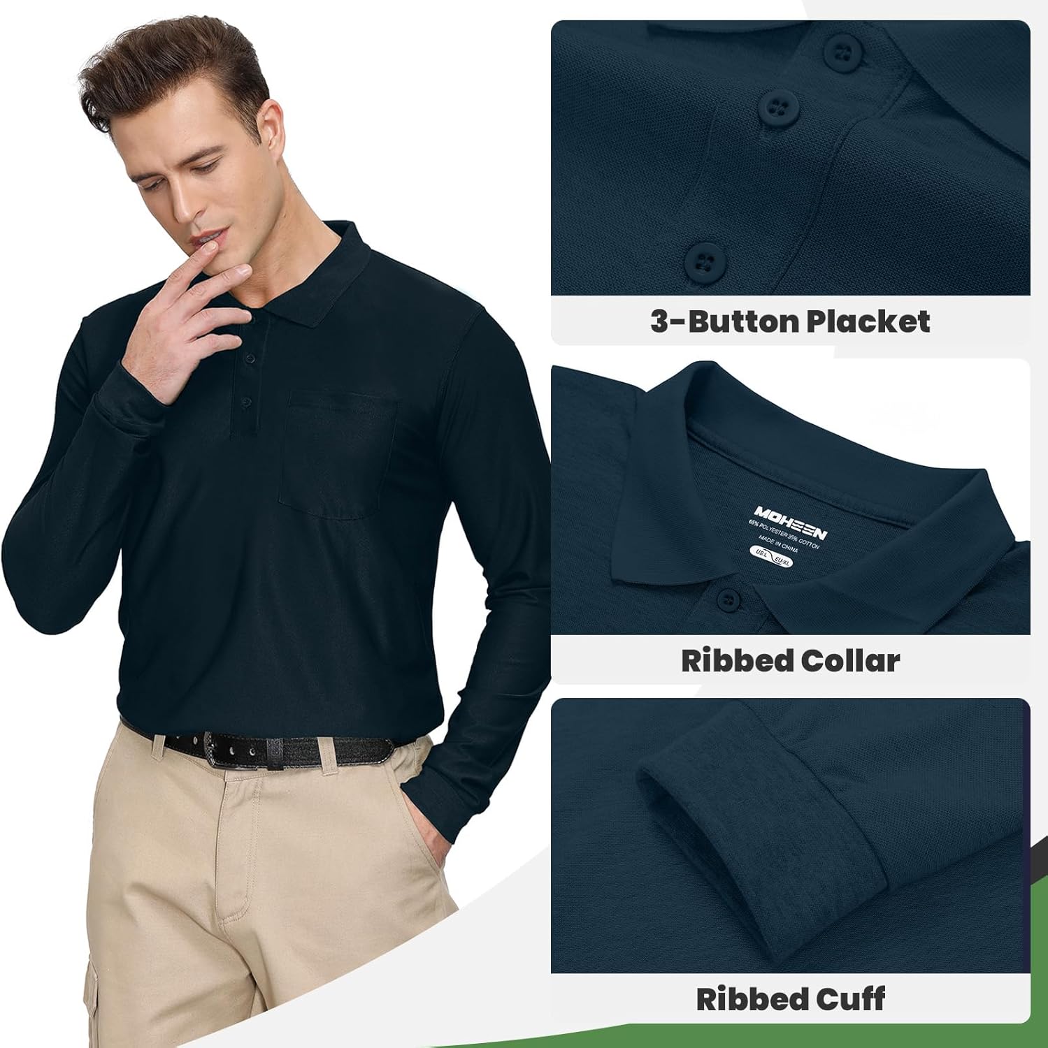 MOHEEN Men's Casual Golf Polo Shirts Outdoor Quick Dry Long Sleeve Tops Moisture Wicking Performance Polo Shirt with Pocket
