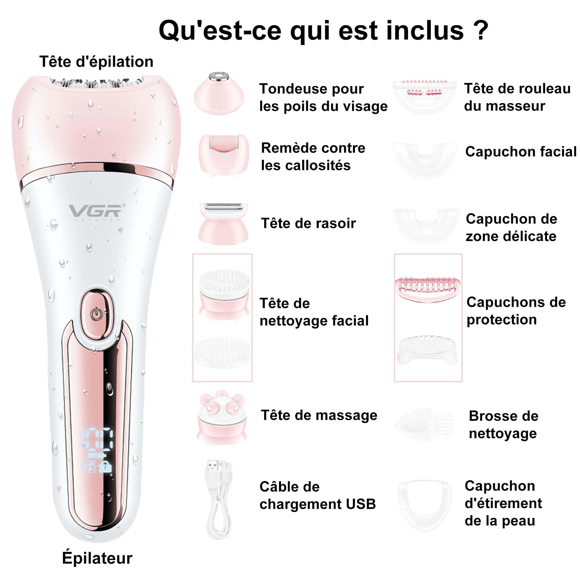 VGR 733 Épilateur pour femme, 6 en 1, sans fil et rechargeable, épilateur pour le visage, les jambes, les aisselles, rose