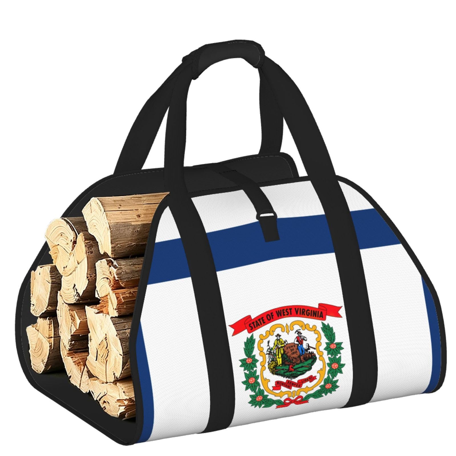 West Virginia state flag Printed Firewood Log Carrier, Large Tote Bag with Reinforced Handles for Camping Fireplace Home