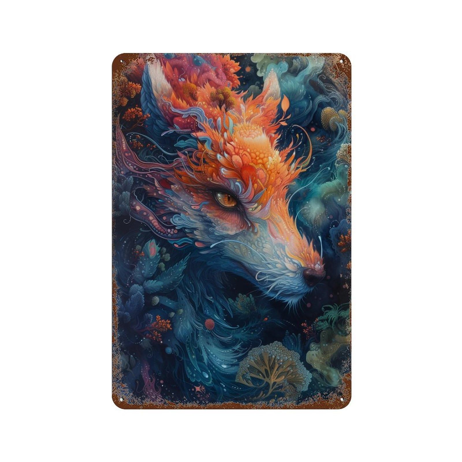 Magical Fox Artwork 11.8"x7.9" Rust Effect Tin Sign, Vintage Wall Decor for Farmhouse, Kitchen And Entryway Decor