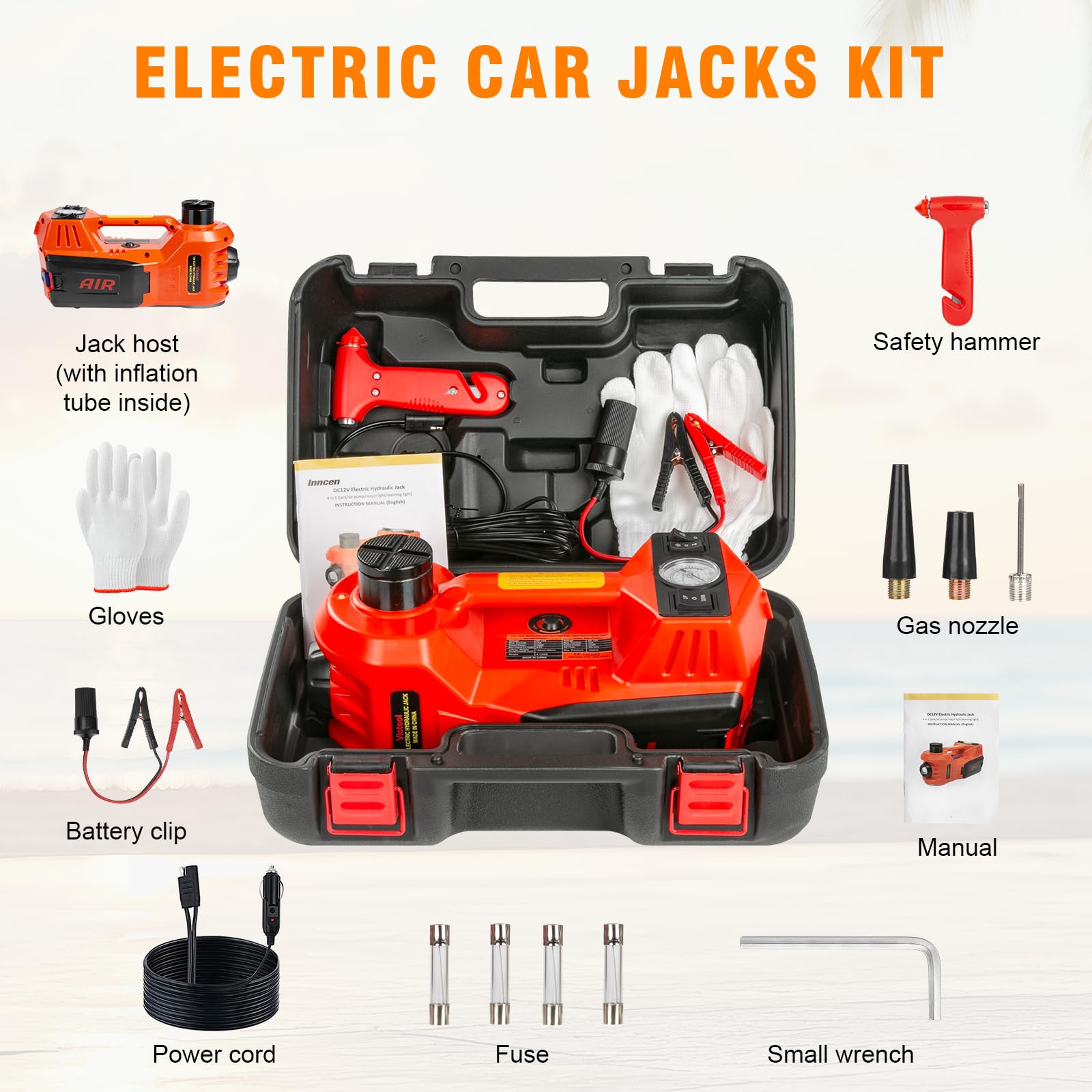 Elektrischer hydraulischer Wagenheber 5T, 5 Tonnen 12V-Wagenheber, Hubbereich 15-45cm, mit Reifenfüllpumpe und LED-Licht für SUV, Limousinen, LKW, PKW, Reifenwechsel und Werkstattreparaturen