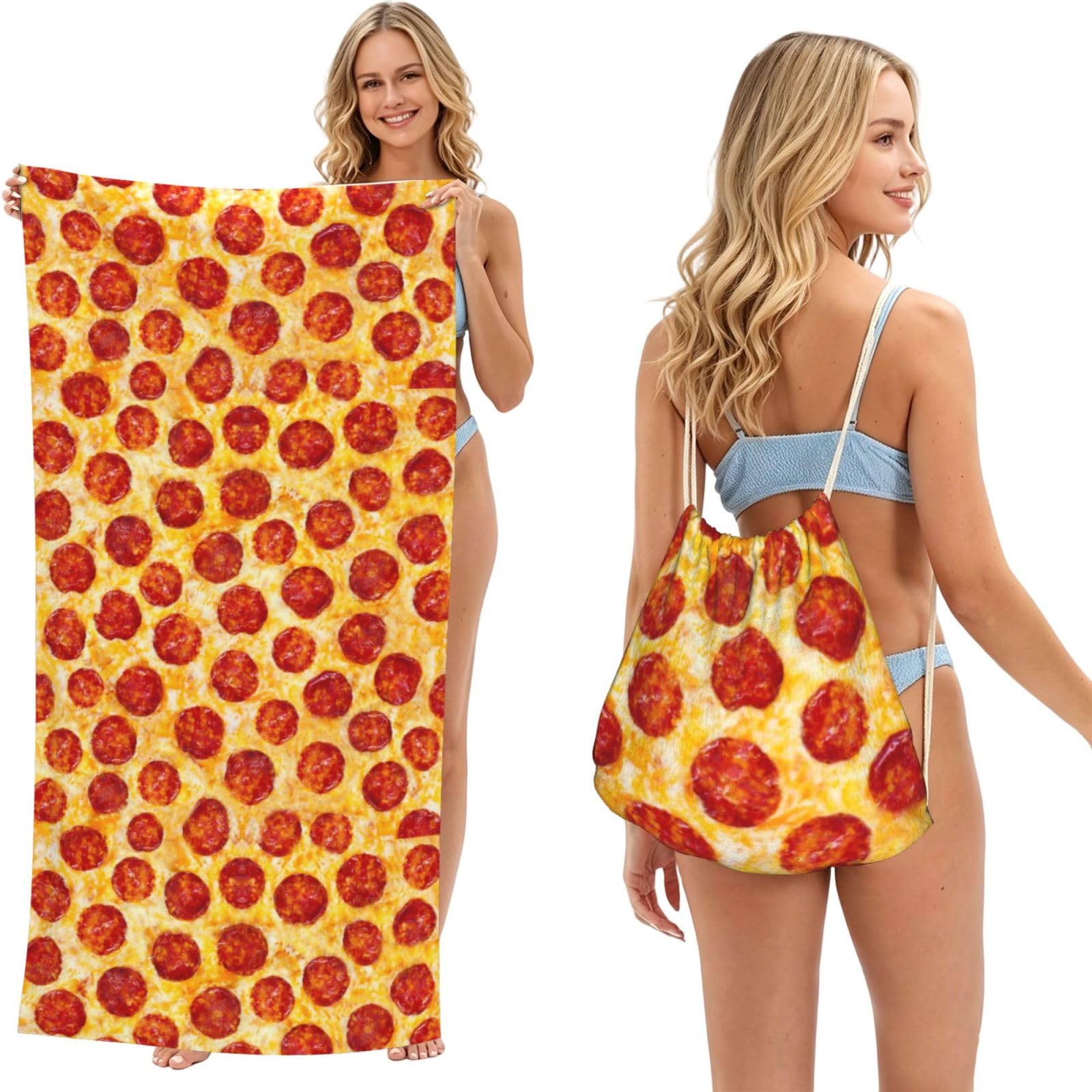 Poadnly As Picture Pepperoni Pizza, 2 In 1 Packable Towel Bag, Beach Towels With Drawstring Backpack For Travel Holiday Camping