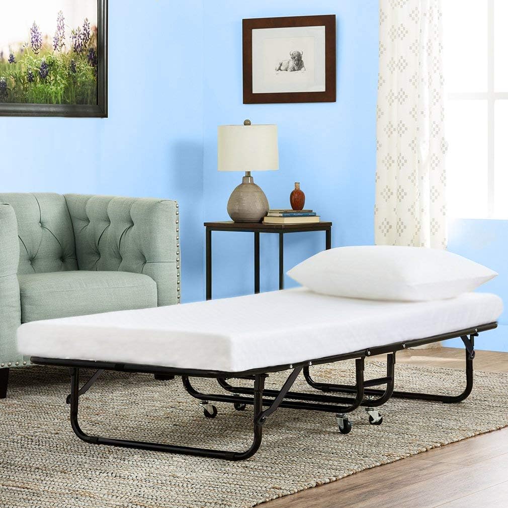 Folding Bed with Mattress Twin Guest Bed Portable Camping Cot Heavy Duty Metal Foldaway Extra Rollaway Bed for Adults Kids,Black/White