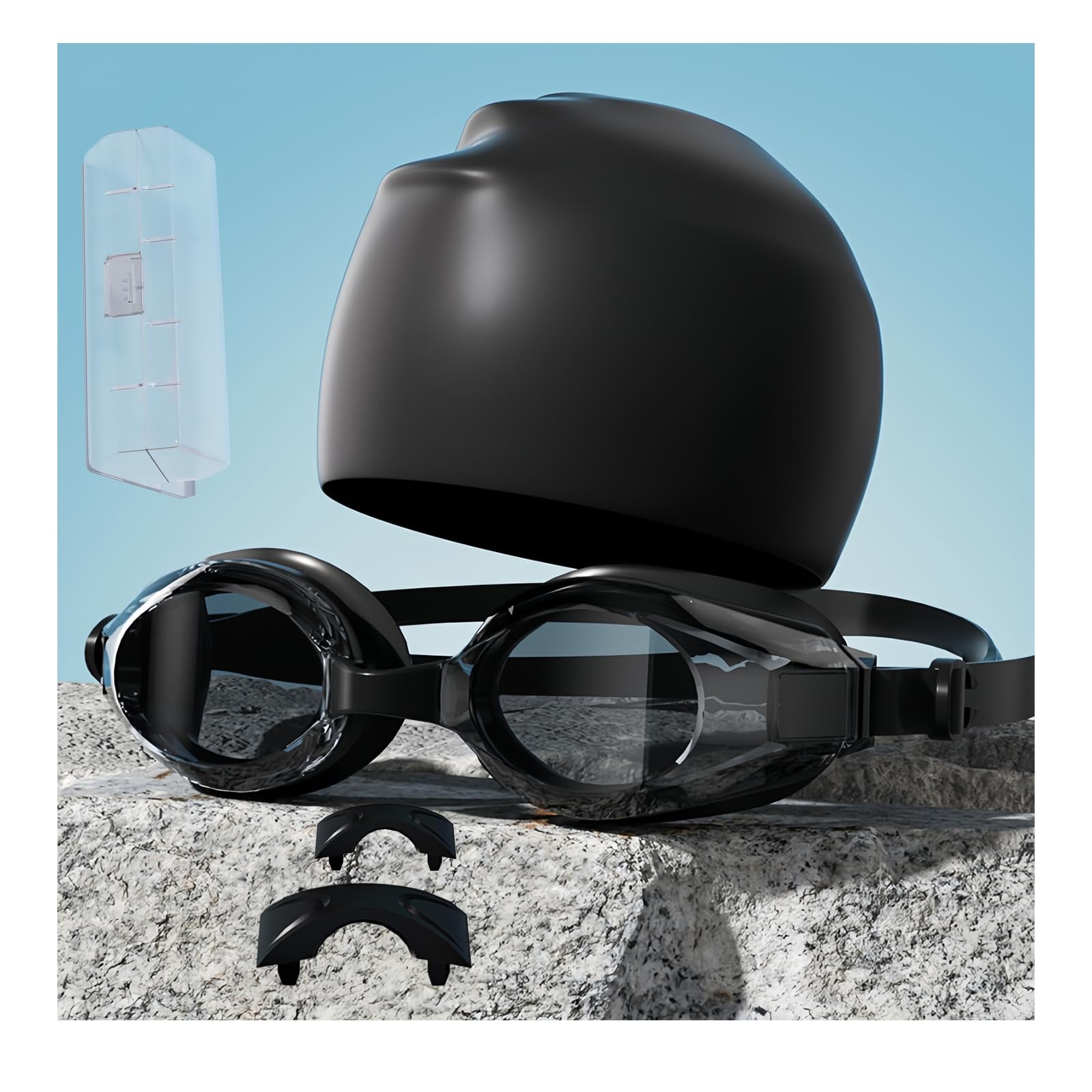 Vyloky Swimming Goggles with Optical Prescription (-1.5 to -7.0), Anti-Fog Coating, Soft Silicone, Panoramic Vision (Black Swimming Cap, -2.0)