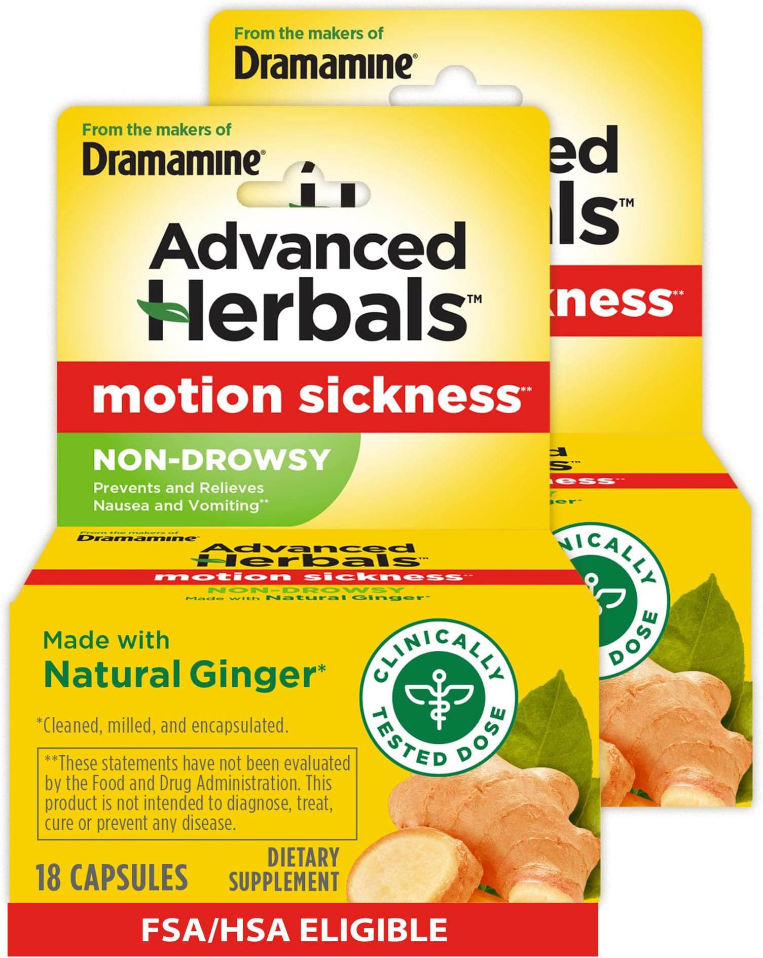 Non-Drowsy Naturals Motion Sickness Relief Capsules 18 ea Pack of 2 by Dramamine
